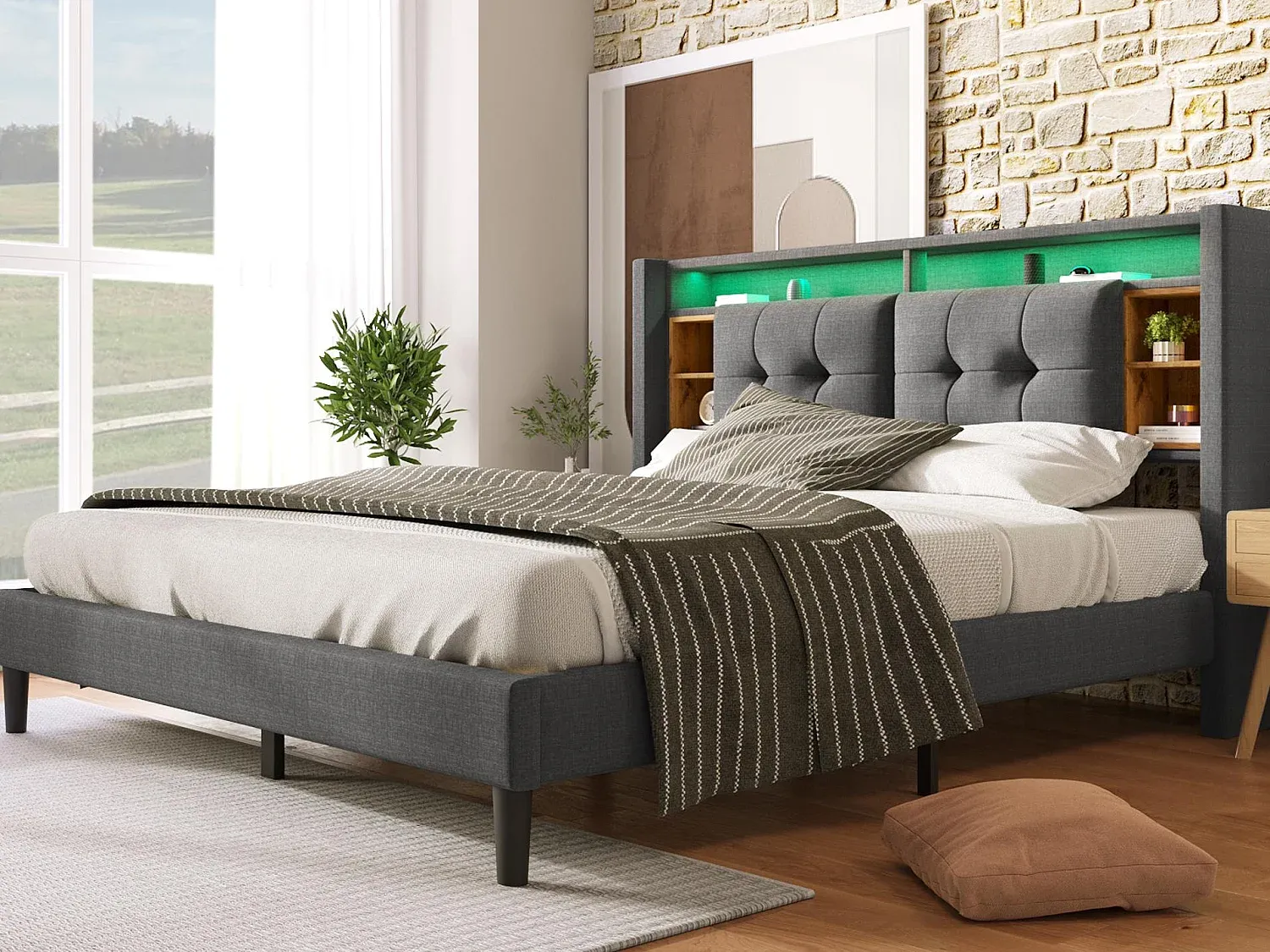 Modernes Polsterbett mit LED und USB, Grau, 160 x 200 cm