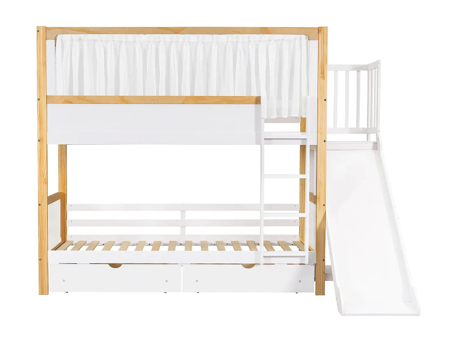 Hochbett für Kinder mit Rutsche und Vorhang, inklusiv Schubladen