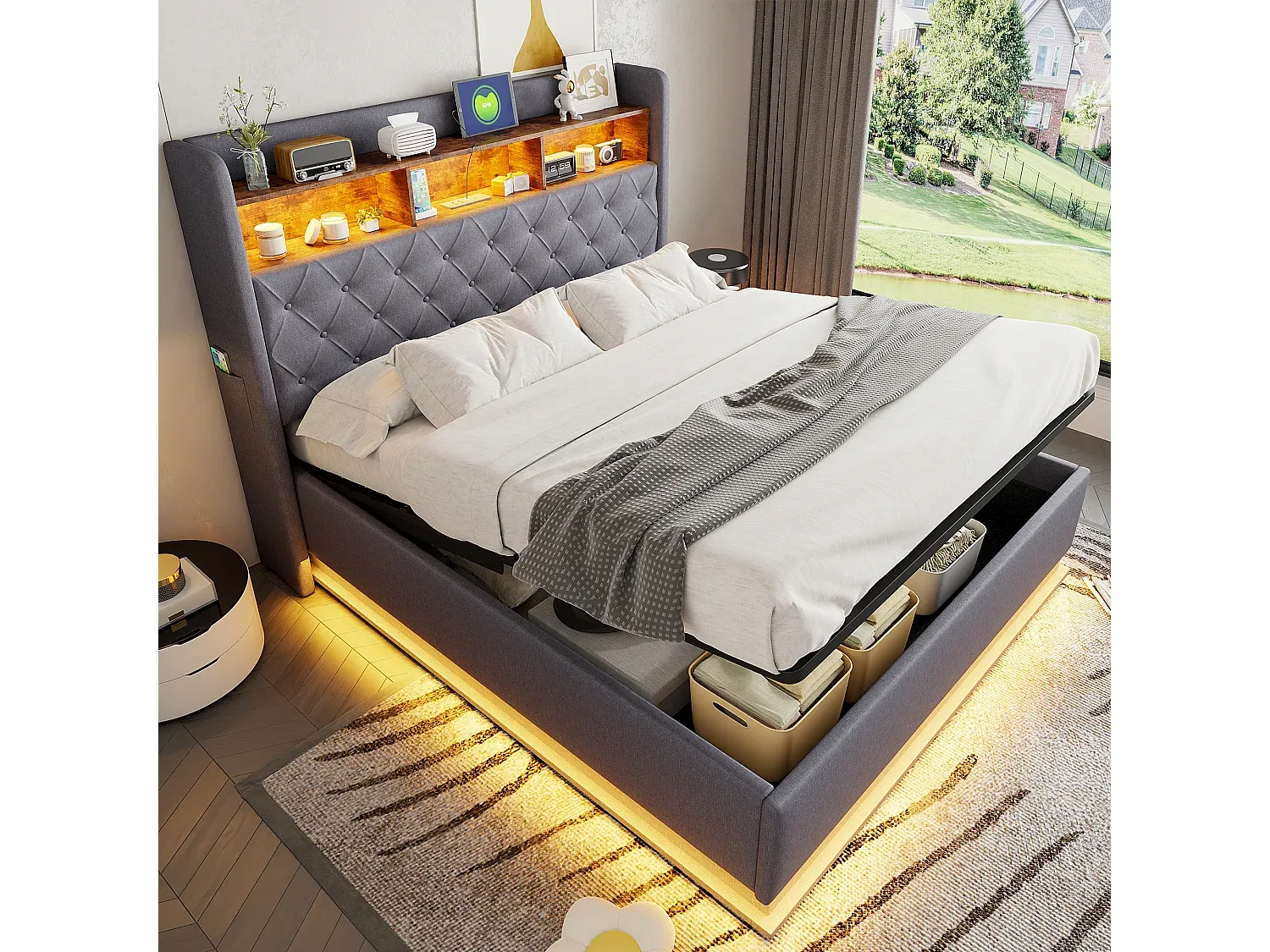 Bett mit Stauraum und USB-Ladefunktion, grauer Leinenstoff, mit LEDs