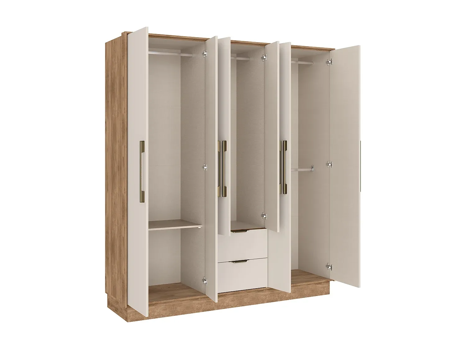 Großer Kleiderschrank mit 6 Türen und 2 Schubladen, Beige und Holzfarben