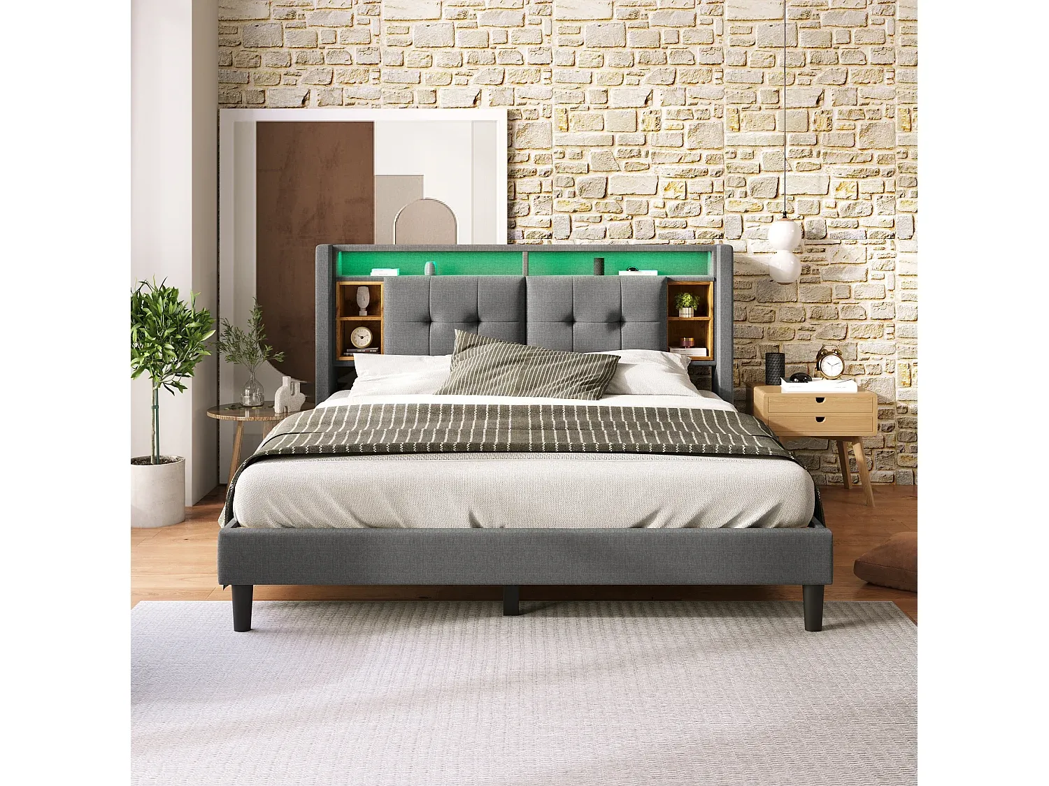 Modernes Polsterbett mit LED und USB, Grau, 160 x 200 cm