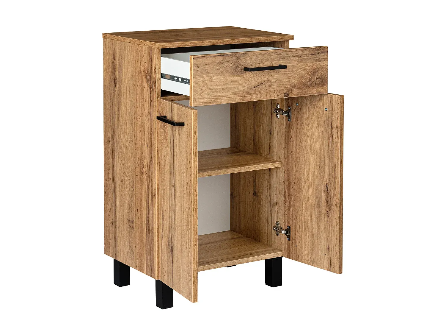 Stehender Badezimmerschrank 50cm mit Schublade und Türen in Eiche