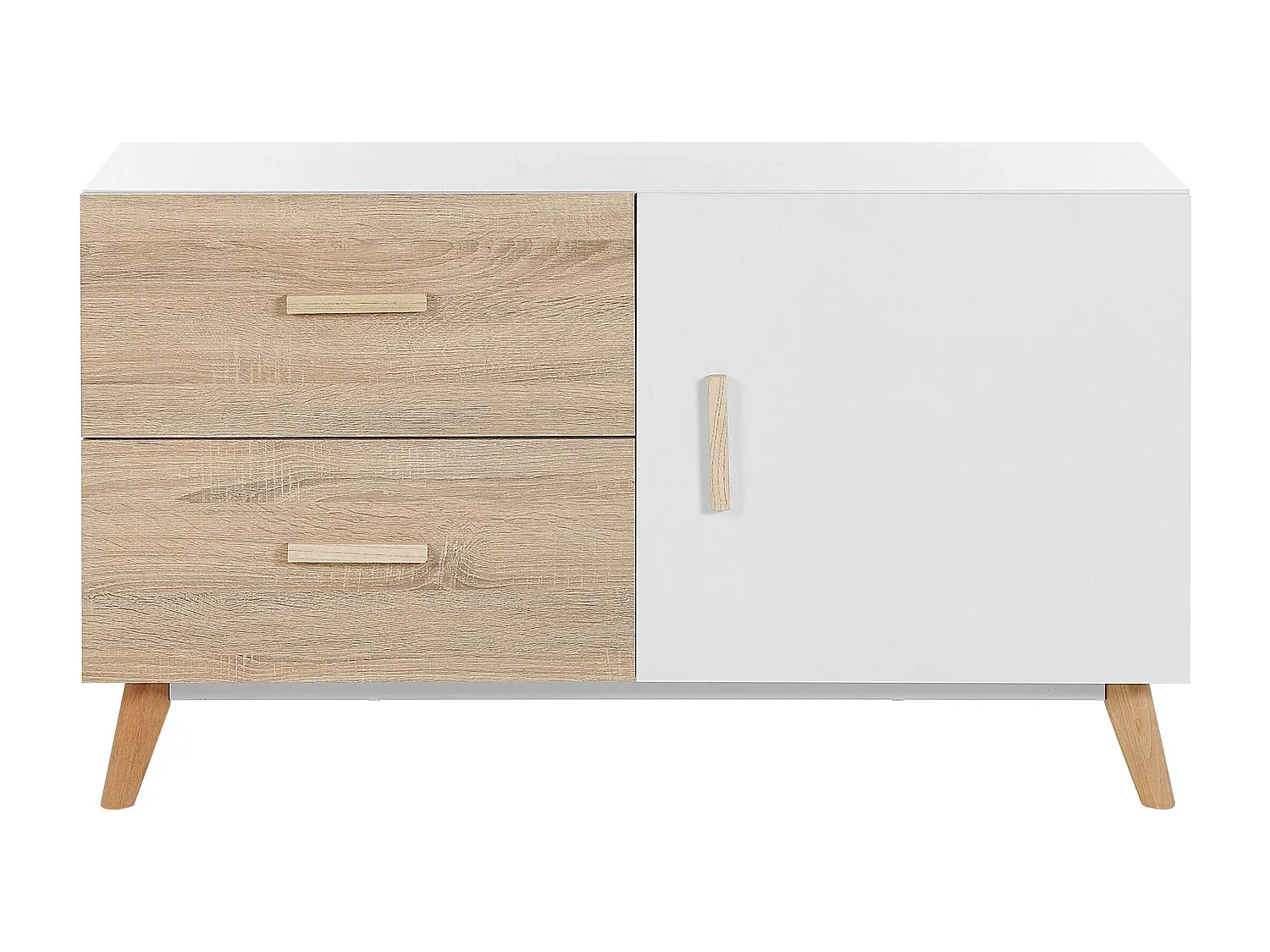 Moderner Sideboard mit Zwei Schubladen aus Weiß und Hellem Holzton