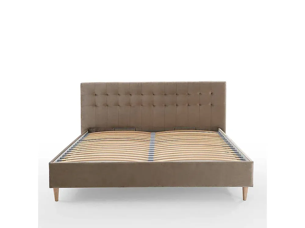 Komfortables Samtbett 140x200 cm in Taupe mit Holzgestell