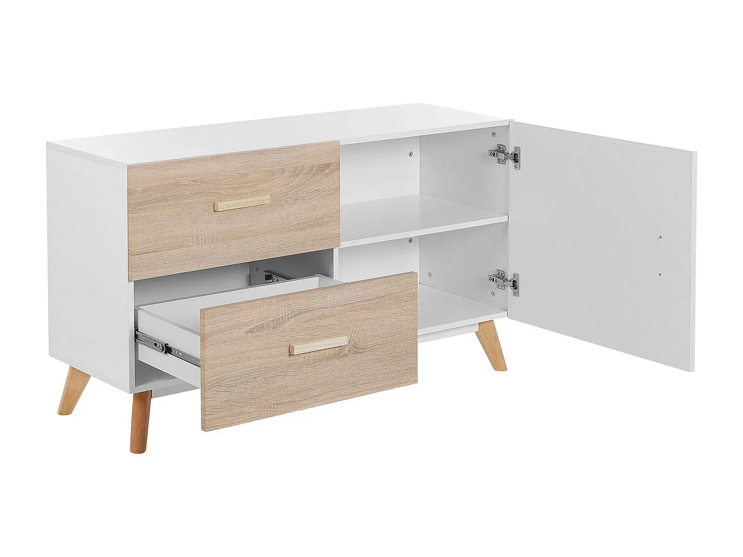Moderner Sideboard mit Zwei Schubladen aus Weiß und Hellem Holzton