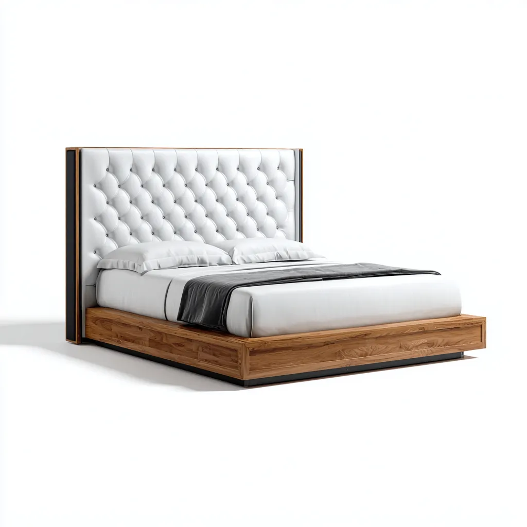 Lit double rembourré bois et tissu 215x180x125 cm - blanc-bois naturel - design contemporain-Nookupshop