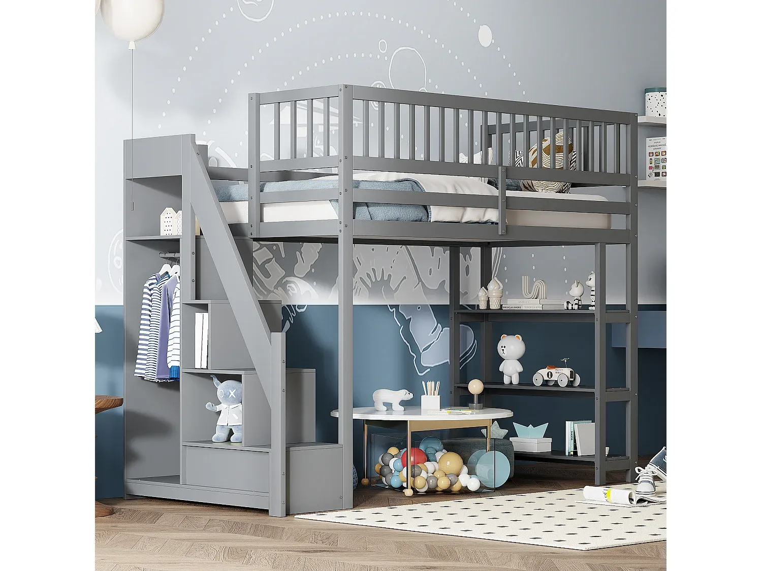 Hochbett mit Schrank, Regalen und Stauraum - Weißes Holzdesign