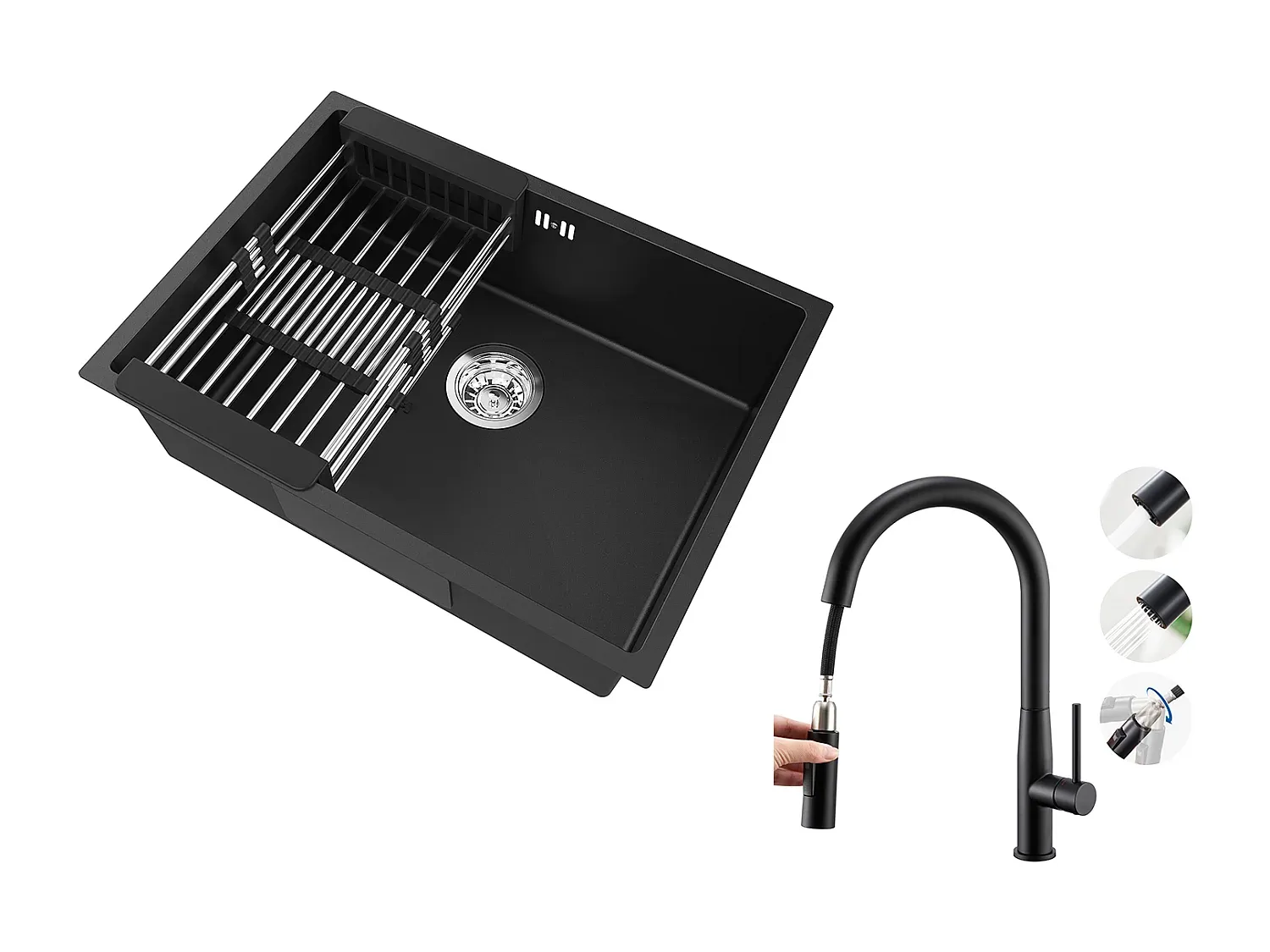 Moderne Küchenspüle mit Ablaufkorb und ausziehbarer Brause, Schwarz