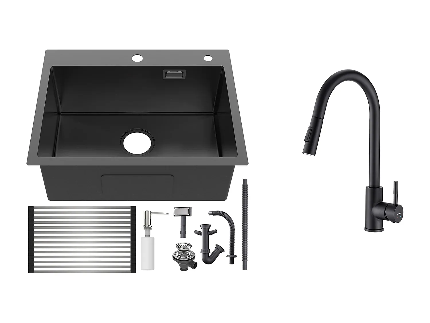 Einbauspüle mit drehbarem Wasserhahn und Abtropfgestell, Schwarz