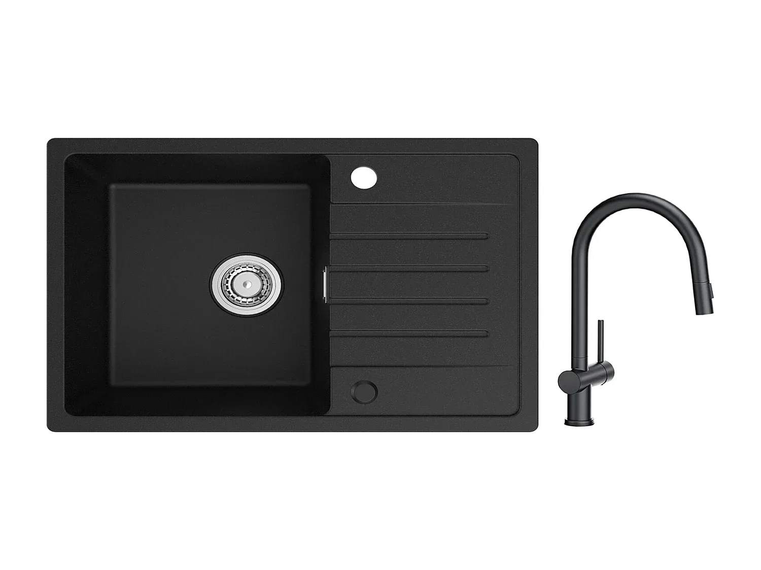 Einbauspüle mit Abtropffläche 78x45cm Quarzharz Schwarz mit ausziehbarer Mischbatterie