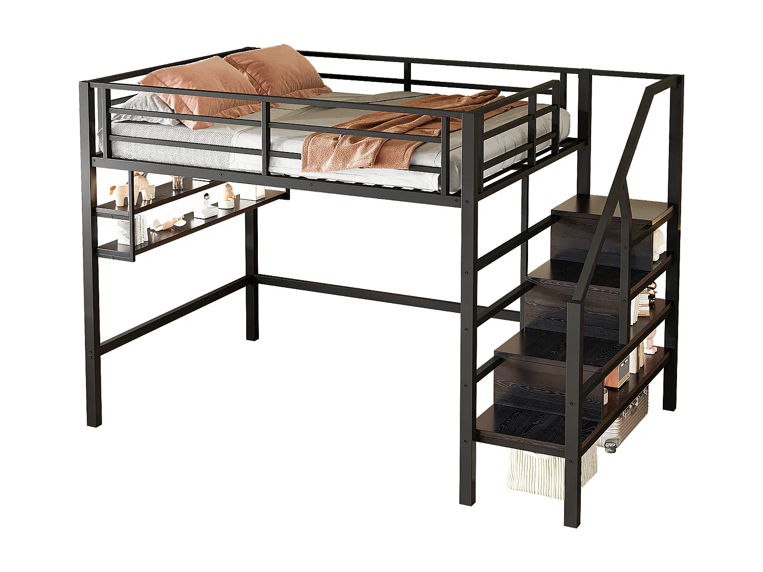 Raumsparendes Metall-Etagenbett mit Regal und Stauraumleiter, Schwarz
