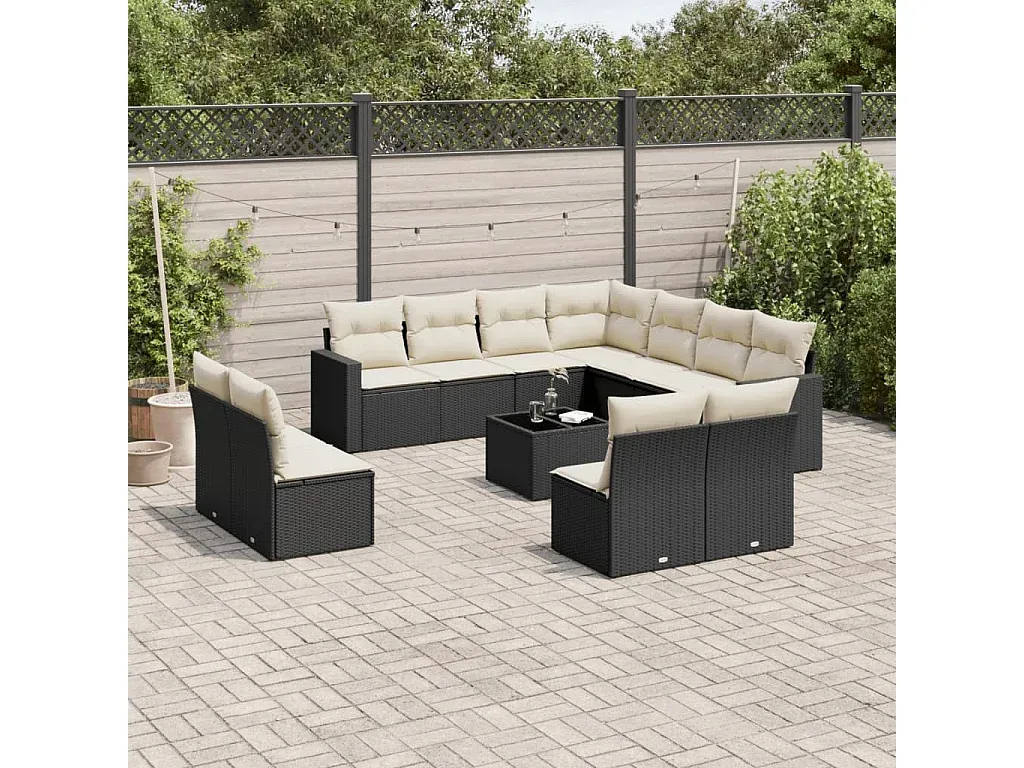 Garten-Sitzgruppe mit Kissen aus Poly Rattan, 12-teilig, Schwarz