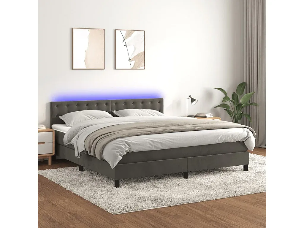 Komfortables Boxspringbett mit LED-Beleuchtung und Matratze, Dunkelgrau, 160x200 cm, Samt
