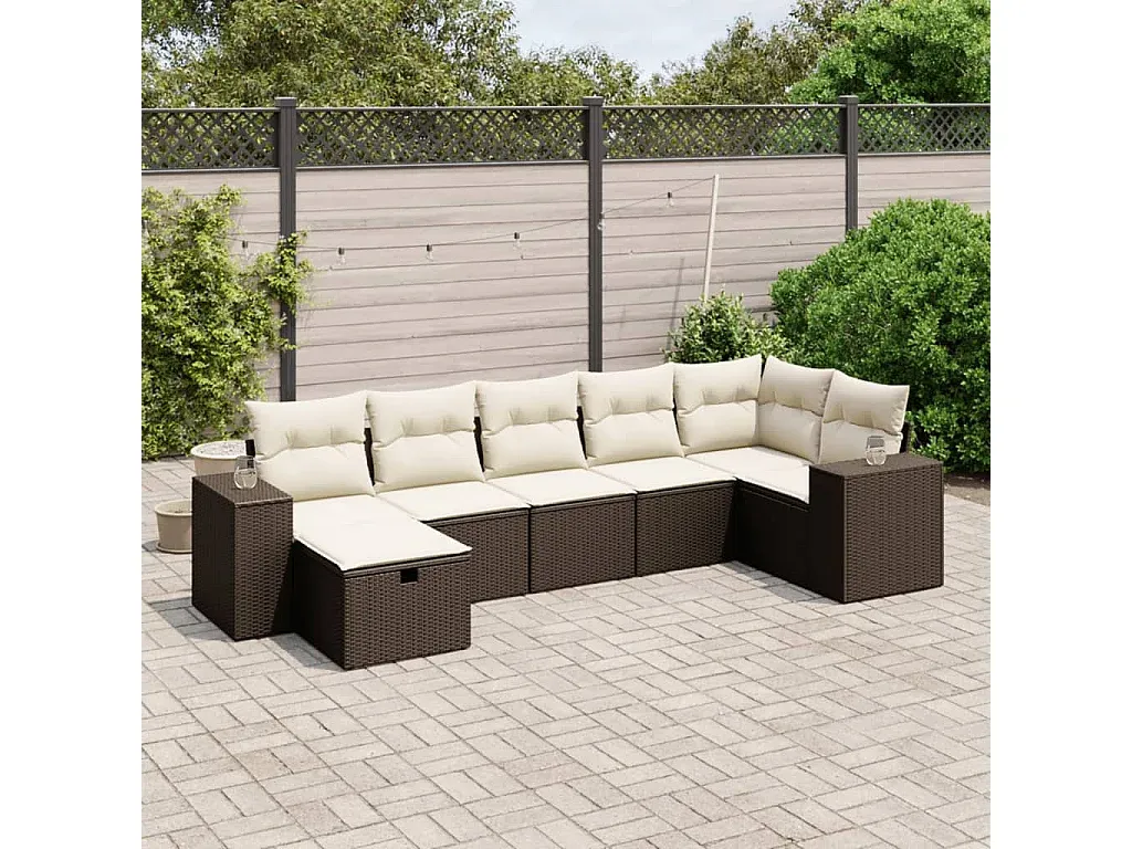 Garten-Sofaset mit Kissen aus Polyrattan, 7-teilig, Braun