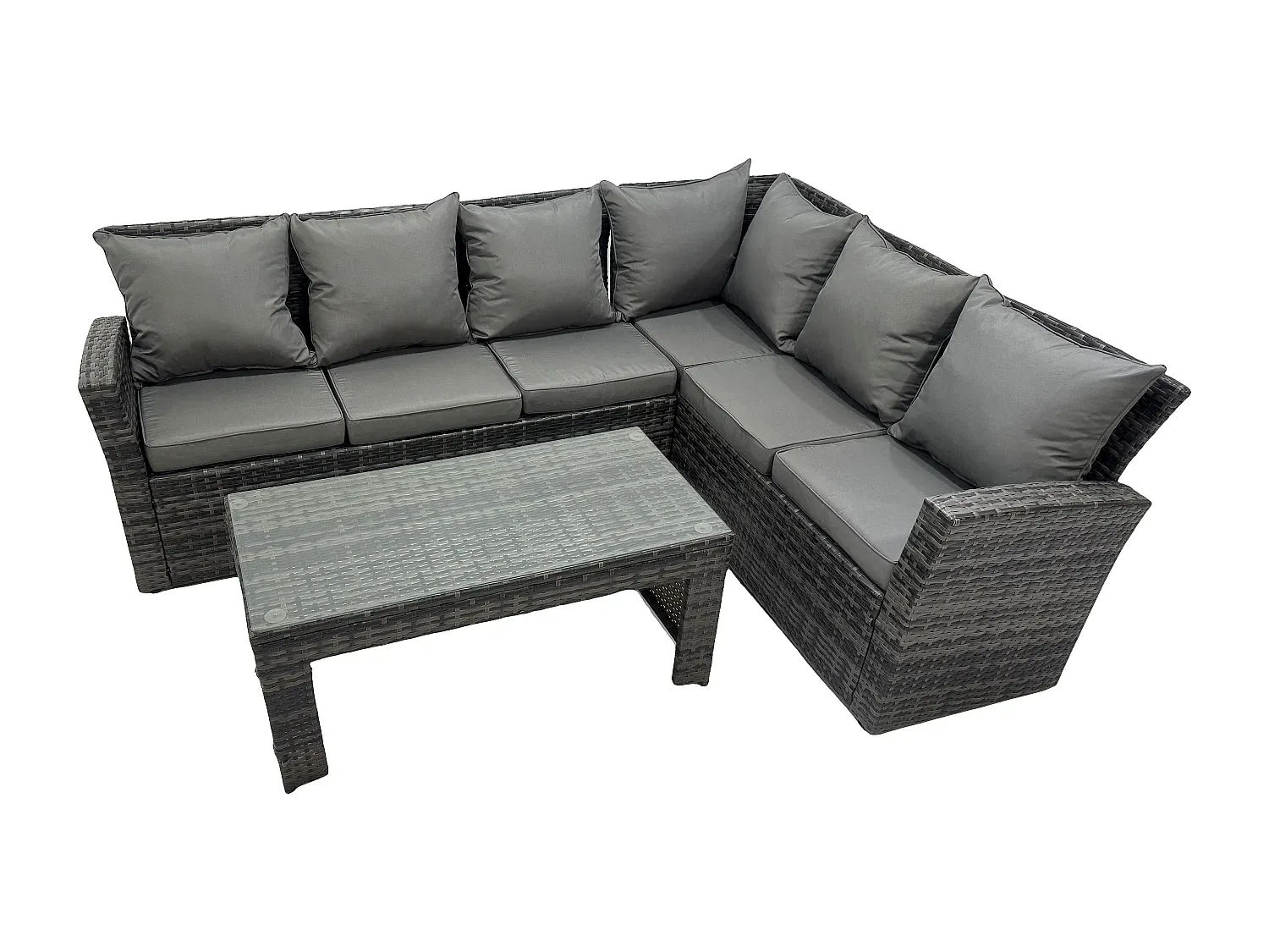 Modulares Rattan Garten-Ecksofa Set mit Tisch und Kissen, Dunkelgrau