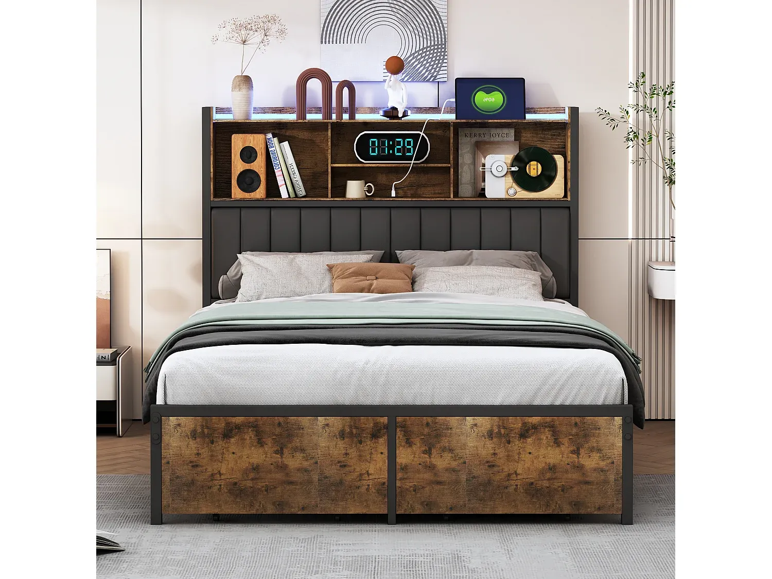 Praktisches Stauraumbett mit Beleuchtung und Schubladen