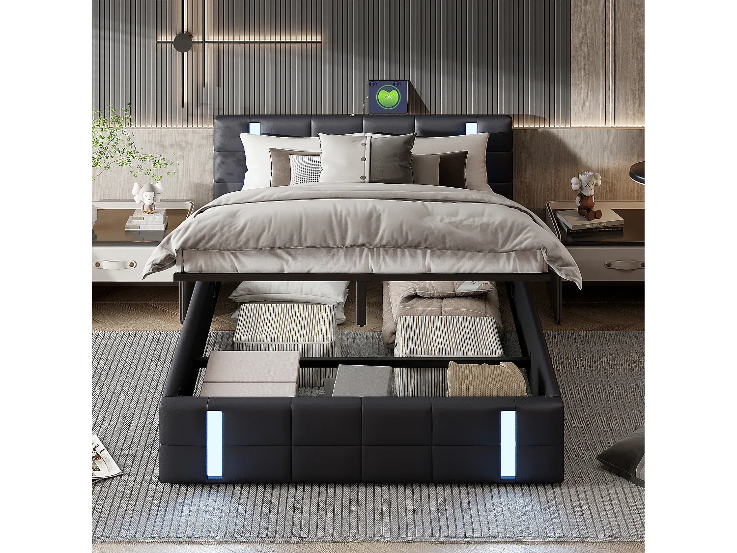 Hydraulisches Polsterbett mit Stauraum und LED-Beleuchtung