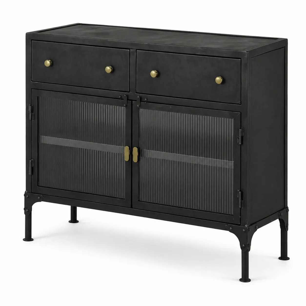 Commode en métal noir avec portes en verre cannelé