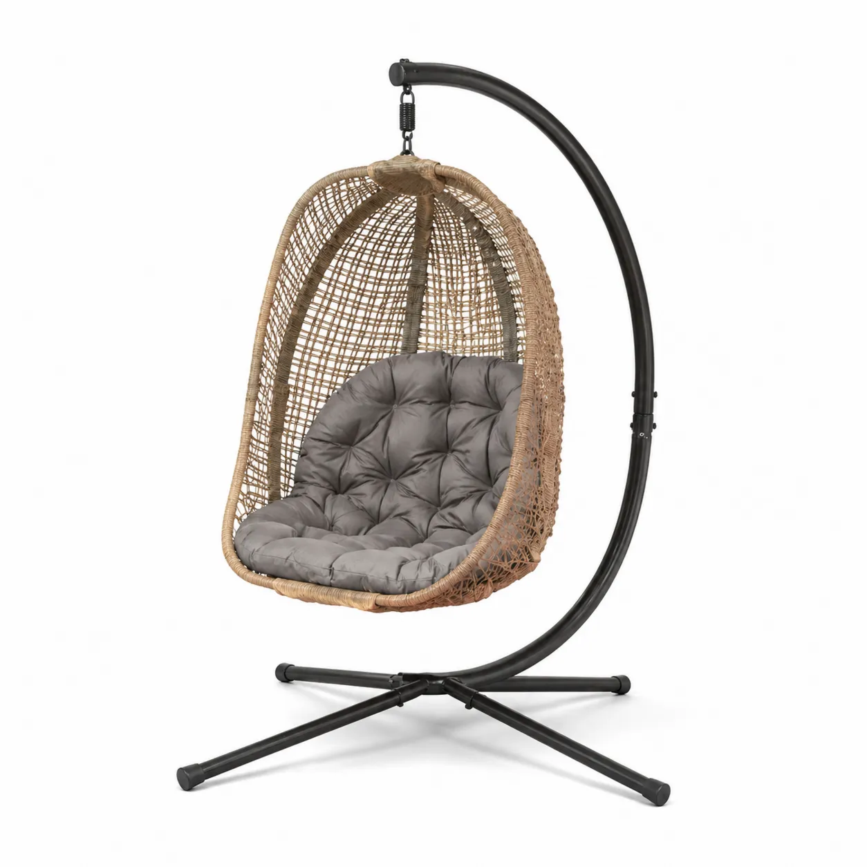 Chaise suspendue en résine avec coussin gris et support métallique