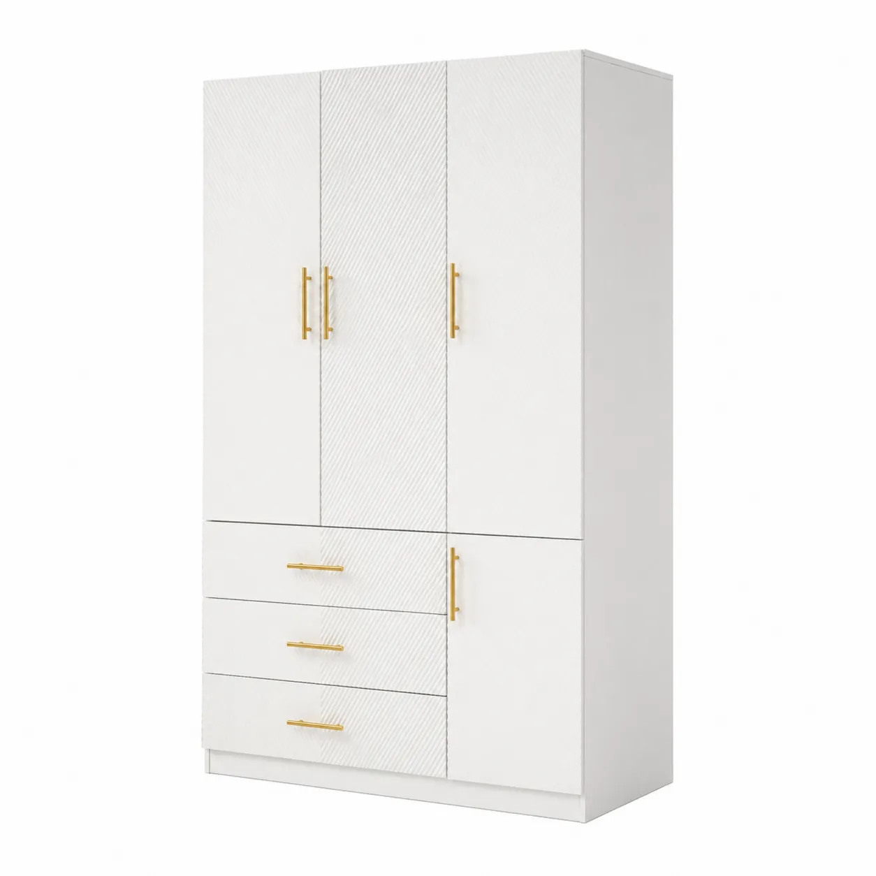 Armoire en bois MDF blanc avec poignées en métal doré, 3 portes et 4 tiroirs