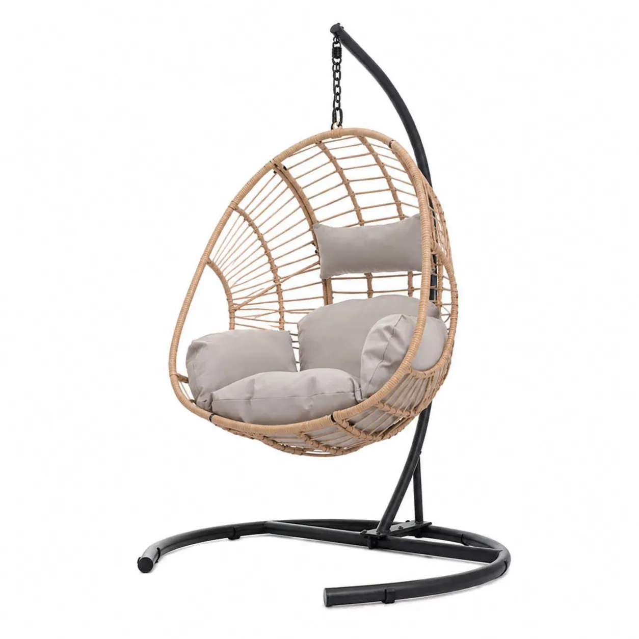 Chaise suspendue en rotin avec coussins en polyester gris et support en acier