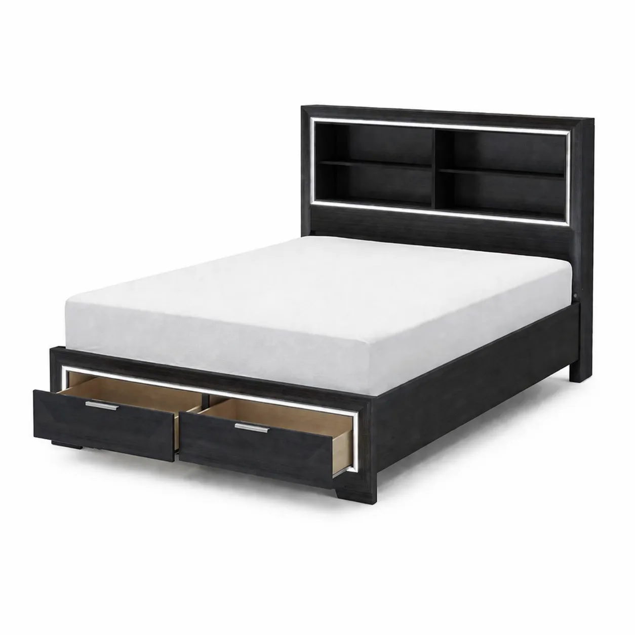 Lit en bois noir avec tiroirs et étagères intégrées 200x160 cm