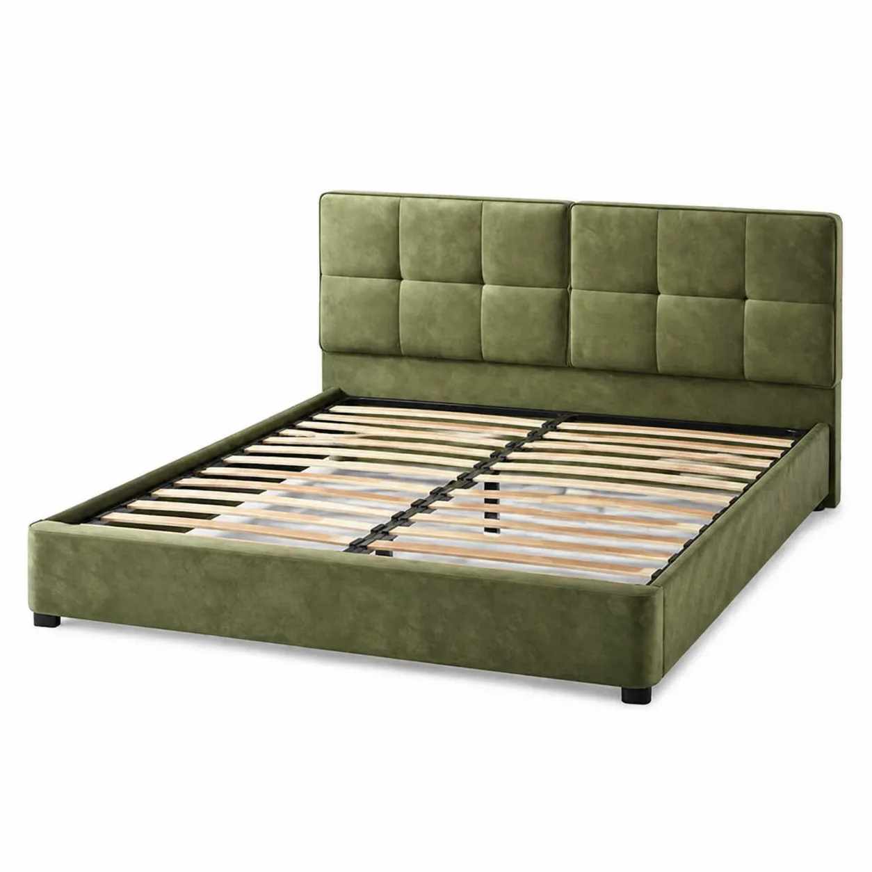 Lit double en bois et tissu polyester vert avec tête de lit