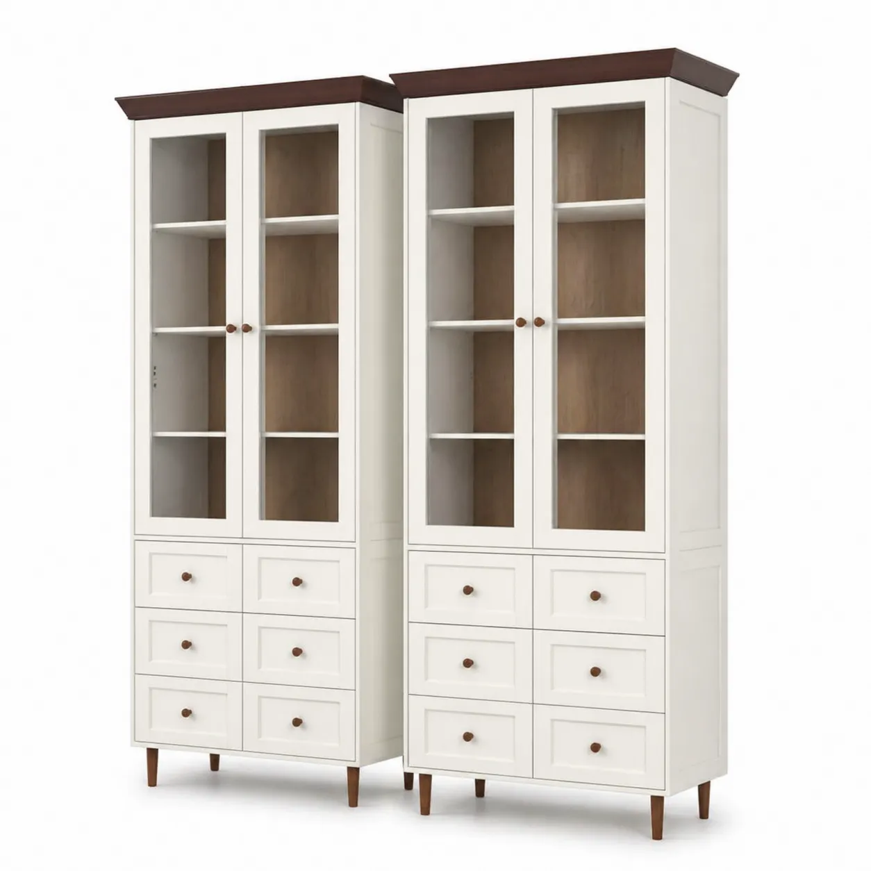 Bibliothèque en bois avec portes vitrées et tiroirs, Blanc et Marron