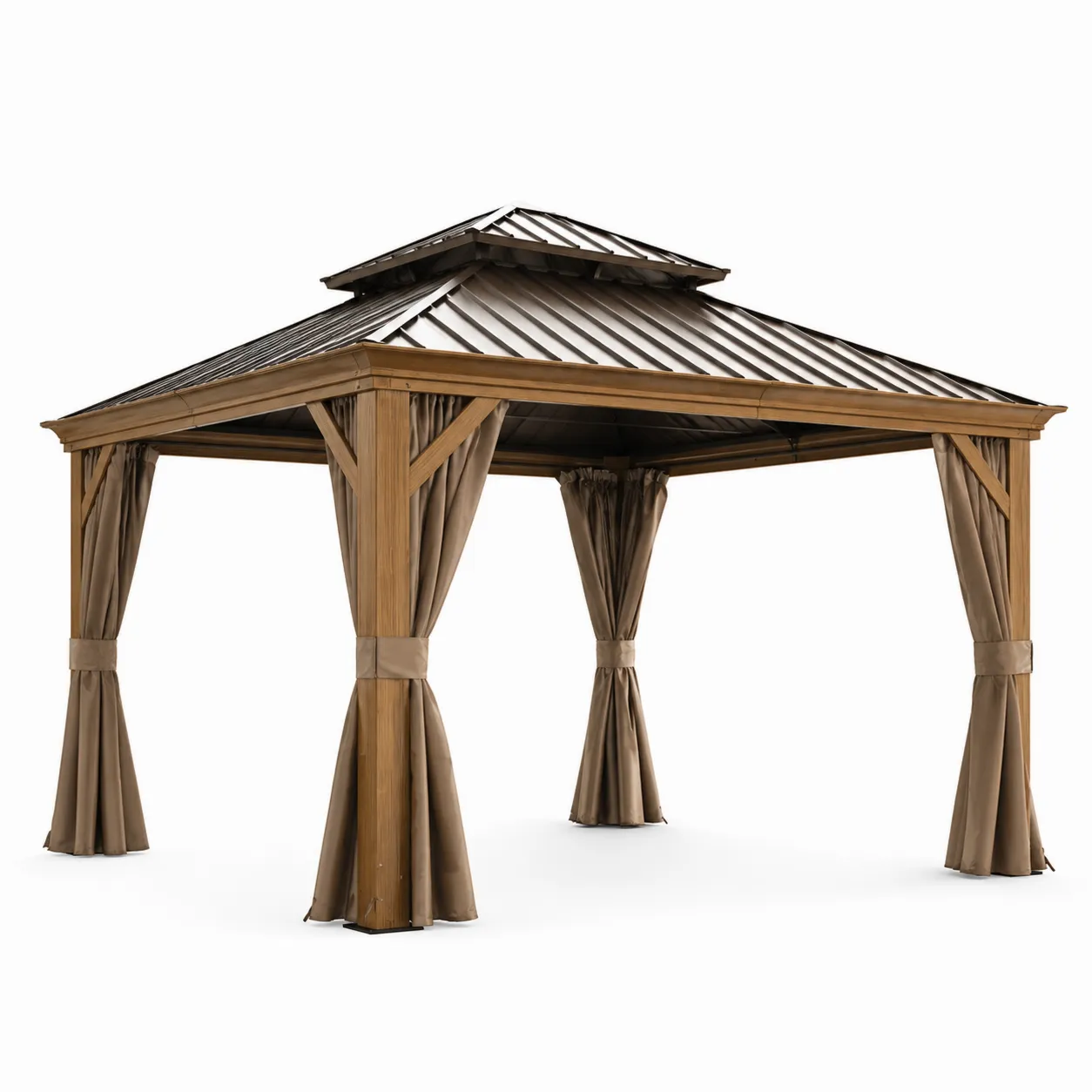 Pavillon de jardin en bois avec toit en acier et rideaux en polyester