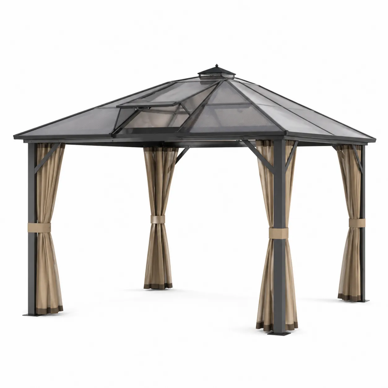 Pavillon en aluminium avec toit en polycarbonate et rideaux en polyester