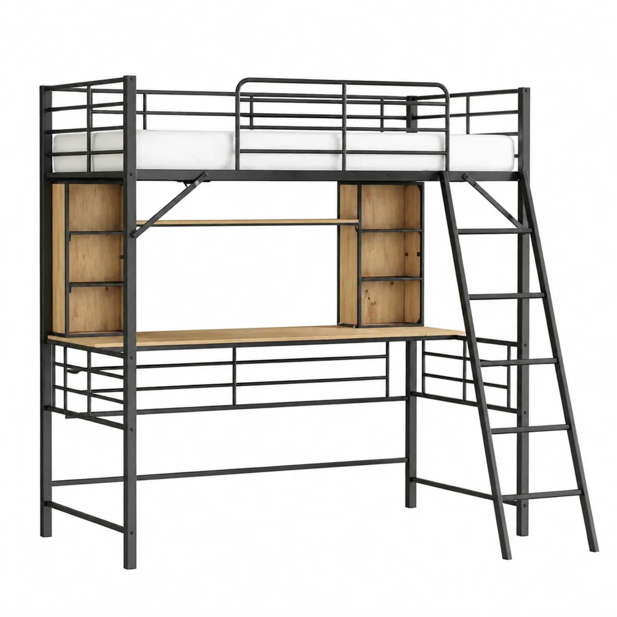 Lit mezzanine en métal et bois avec bureau intégré