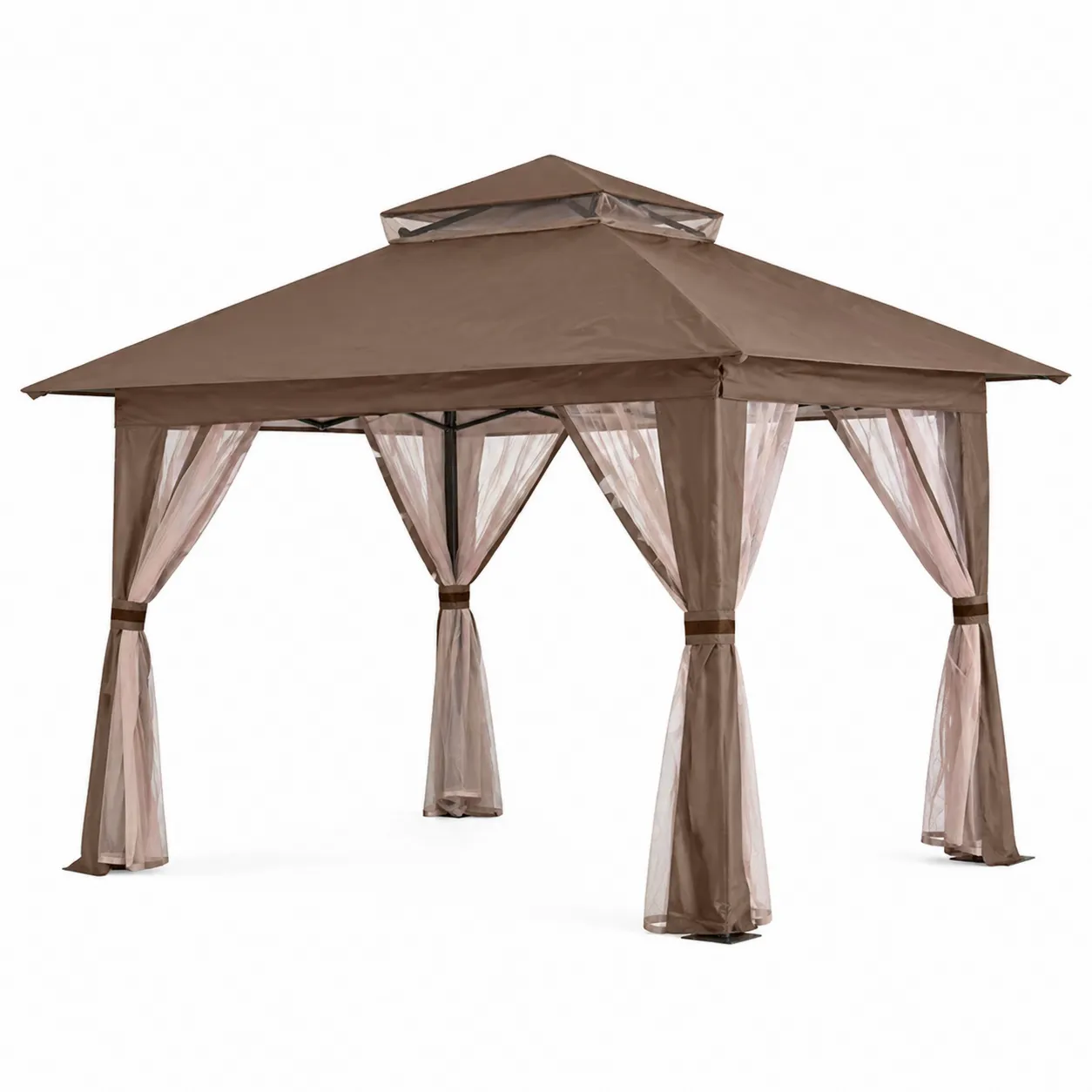 Tonnelle de jardin en acier avec toit en polyester et rideaux en maille