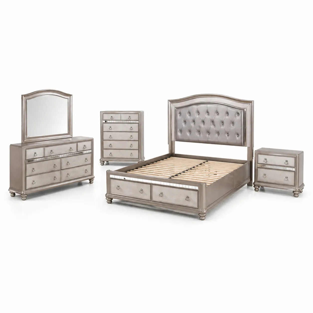 Ensemble de Chambre en Bois et Similicuir Argenté