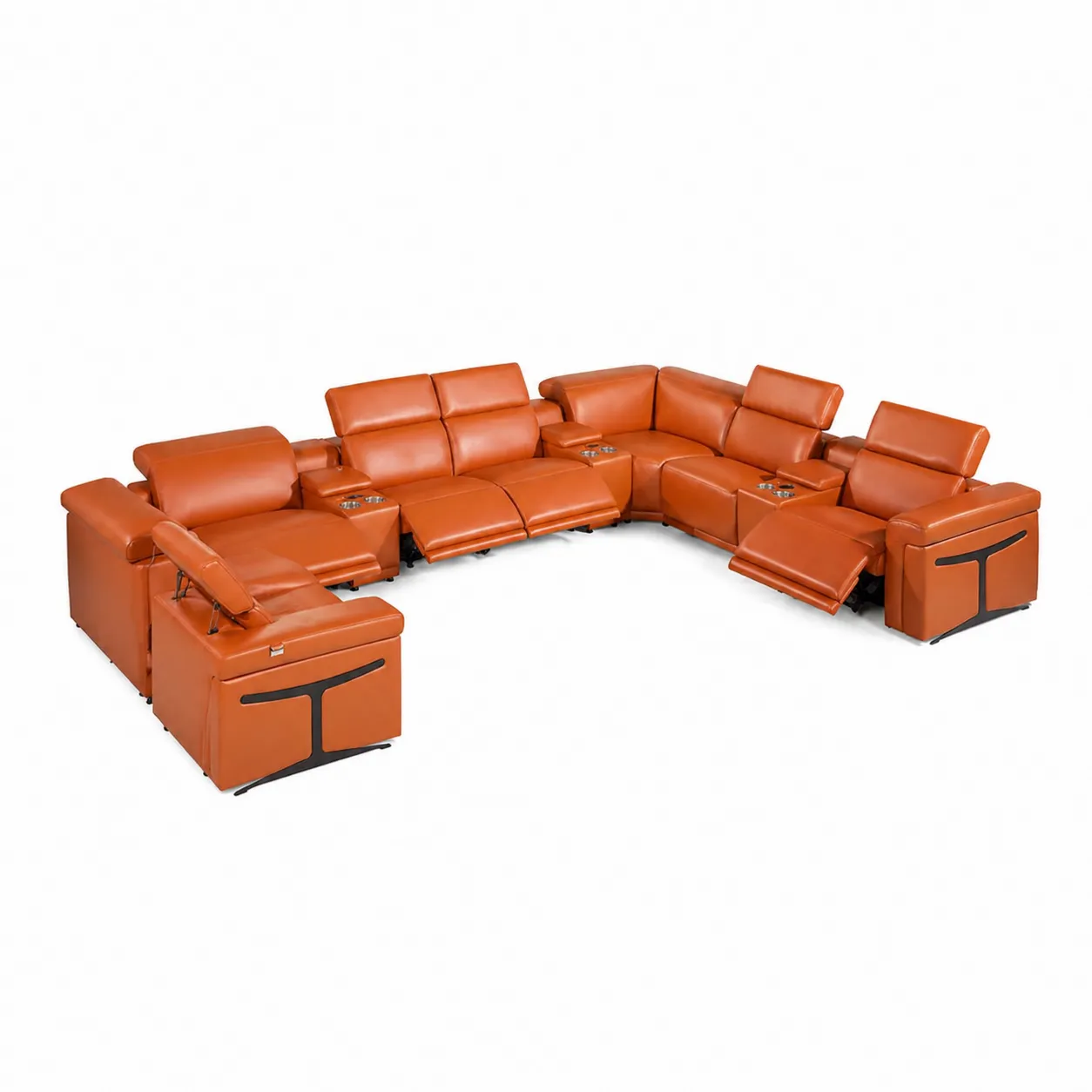 Canapé modulaire d'angle en cuir synthétique avec repose-pieds et porte-gobelets