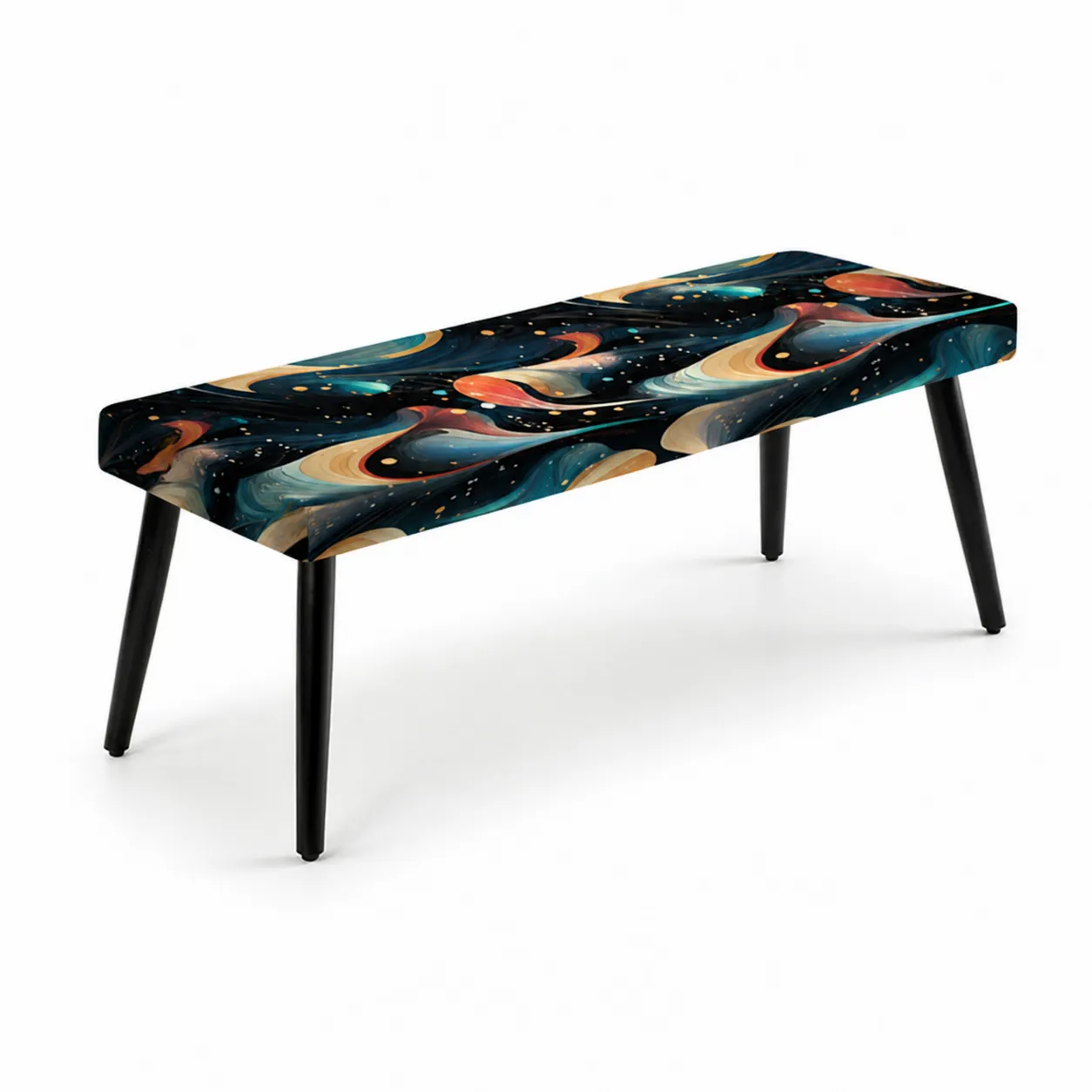 Banc en tissu polyester abstrait avec pieds en métal noir