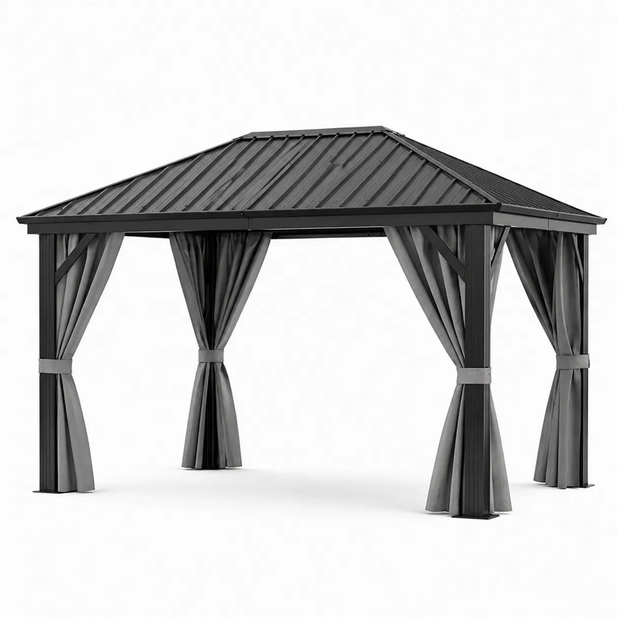 Pavillon en aluminium avec toit en acier et rideaux noirs