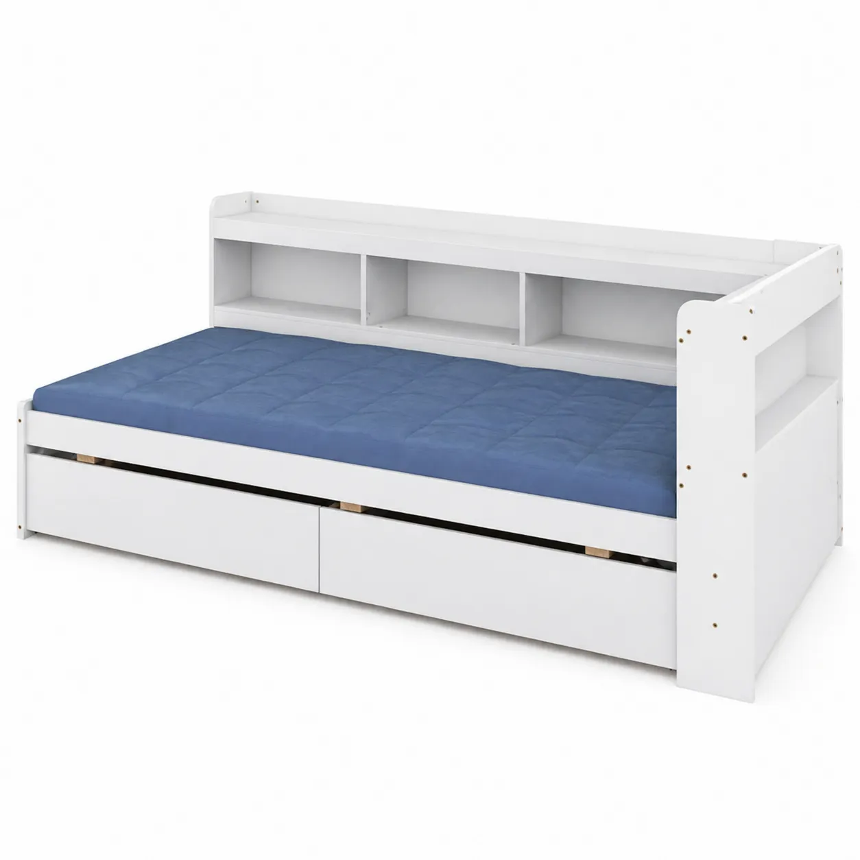 Lit gigogne en bois MDF avec rangement et matelas en polyester bleu 200x90 cm