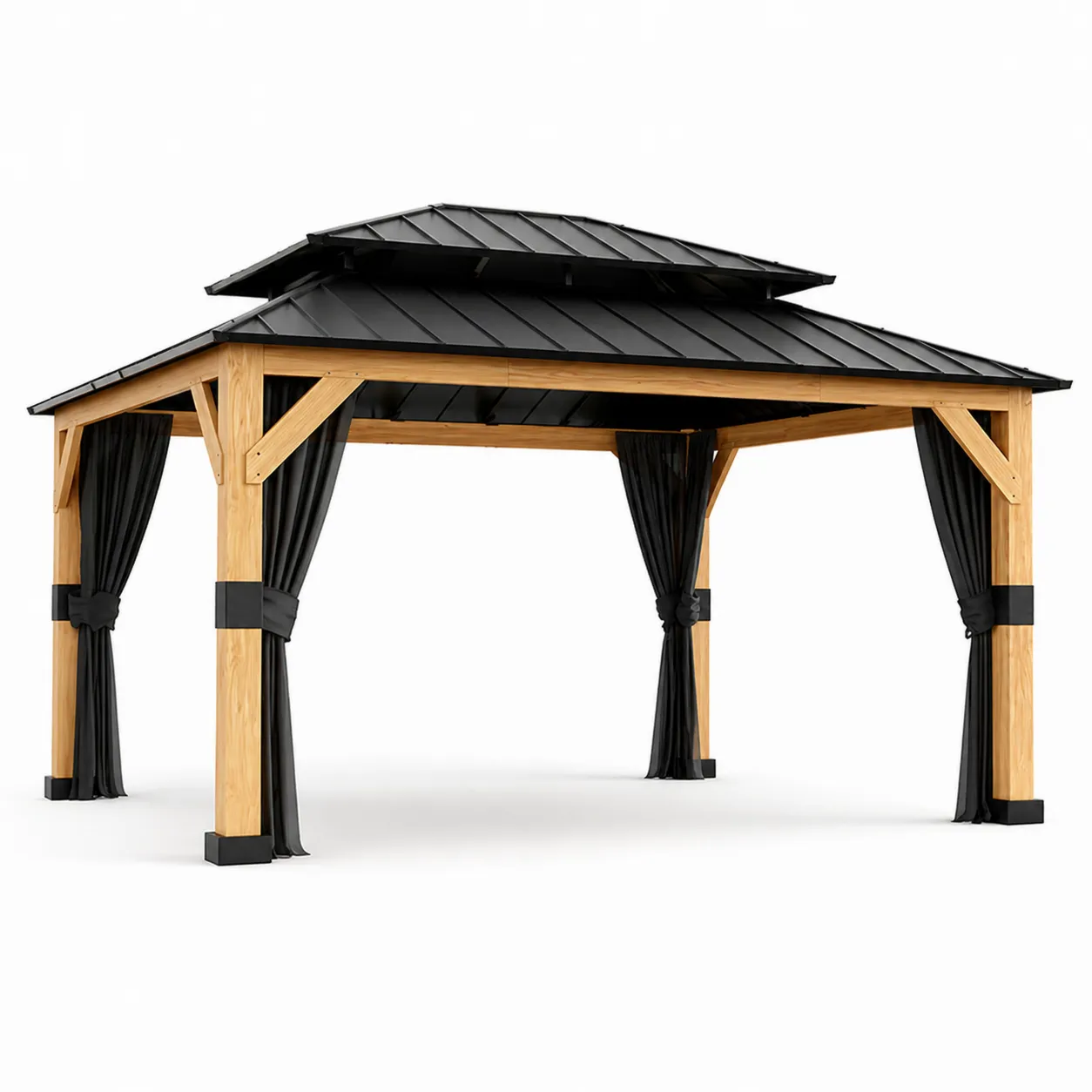 Pavillon de jardin en bois et métal avec rideaux en polyester noir 3x4m