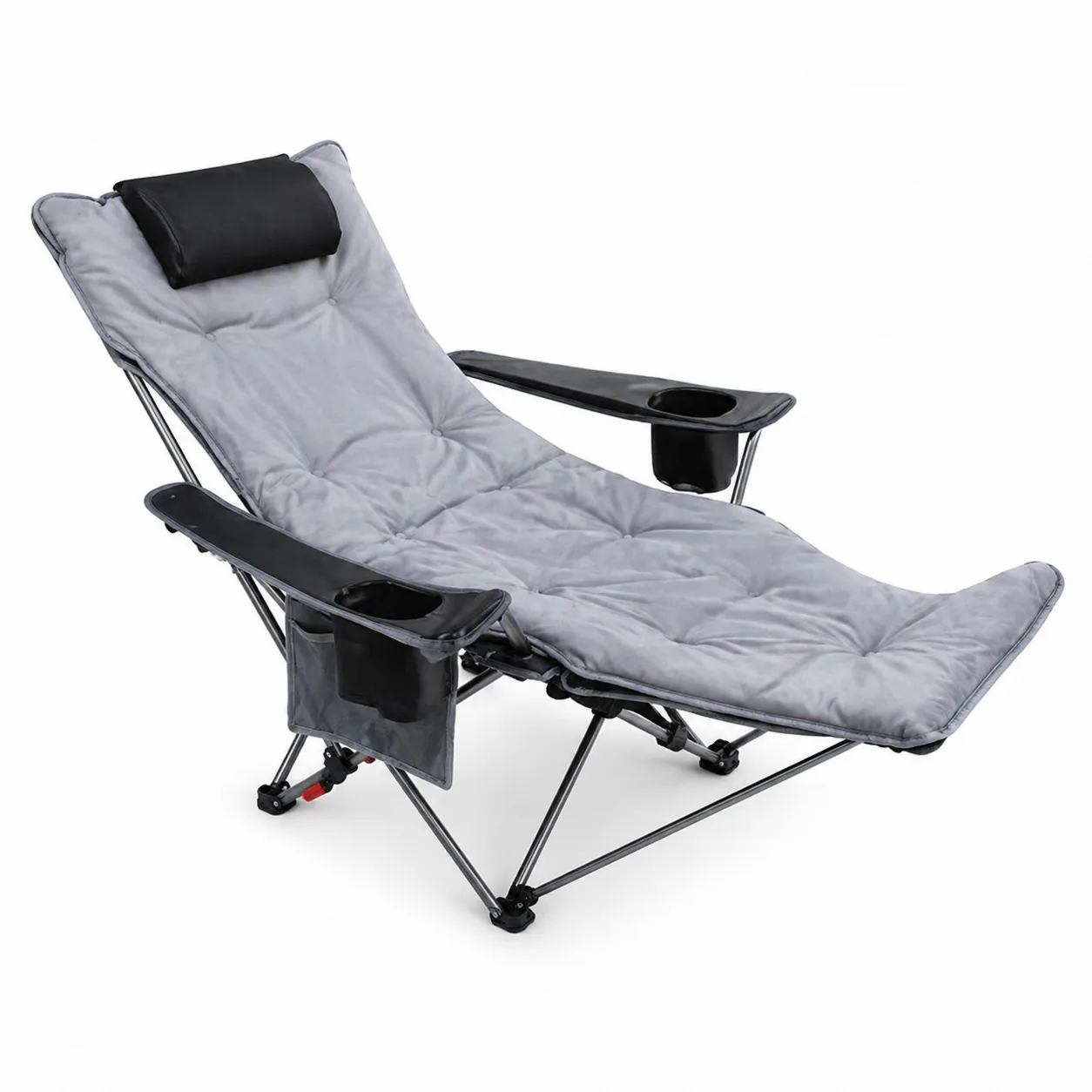 Chaise Longue Pliable en Métal avec Accoudoirs Noirs et Coussin Gris