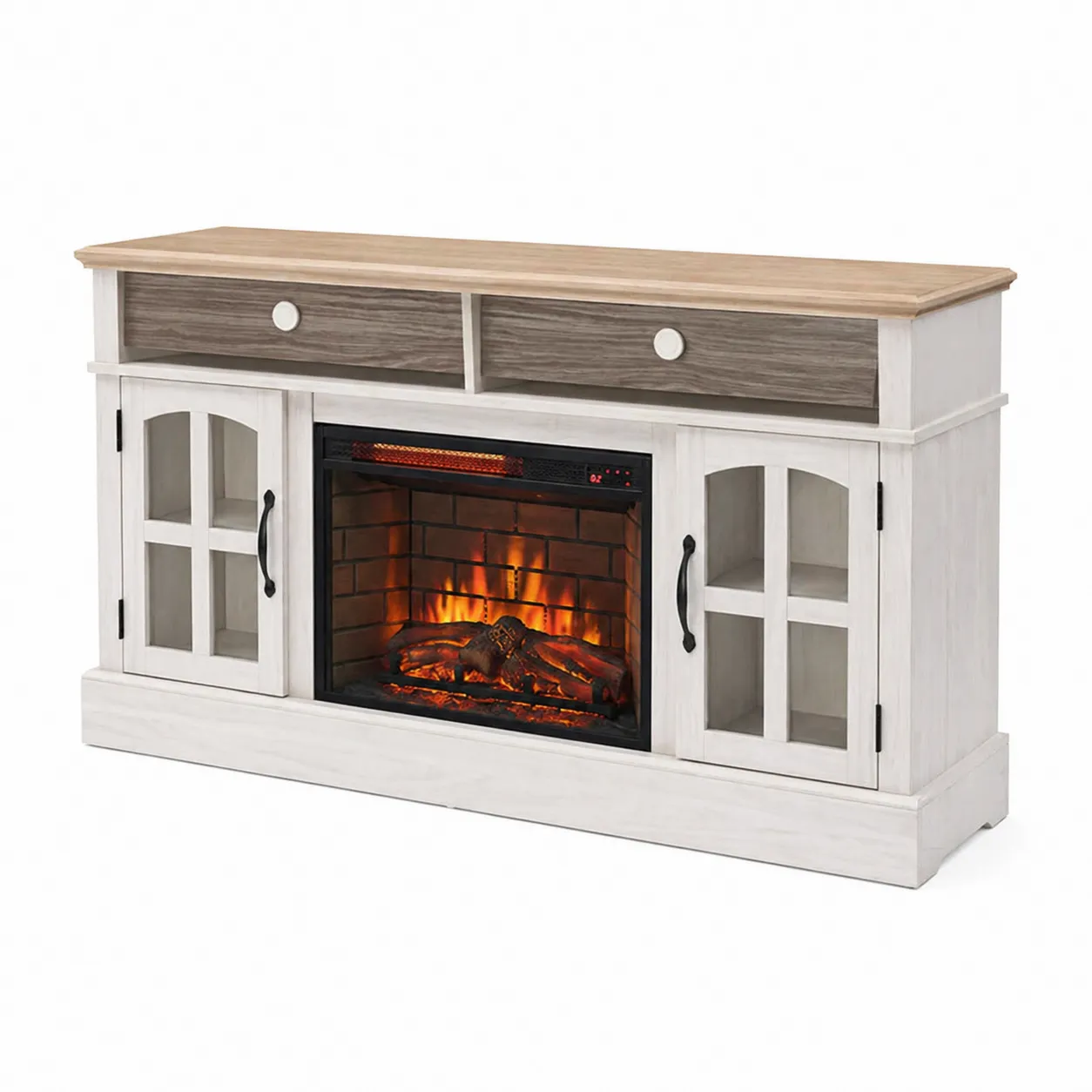 Meuble TV avec Cheminée Électrique Bois Blanc et Marron