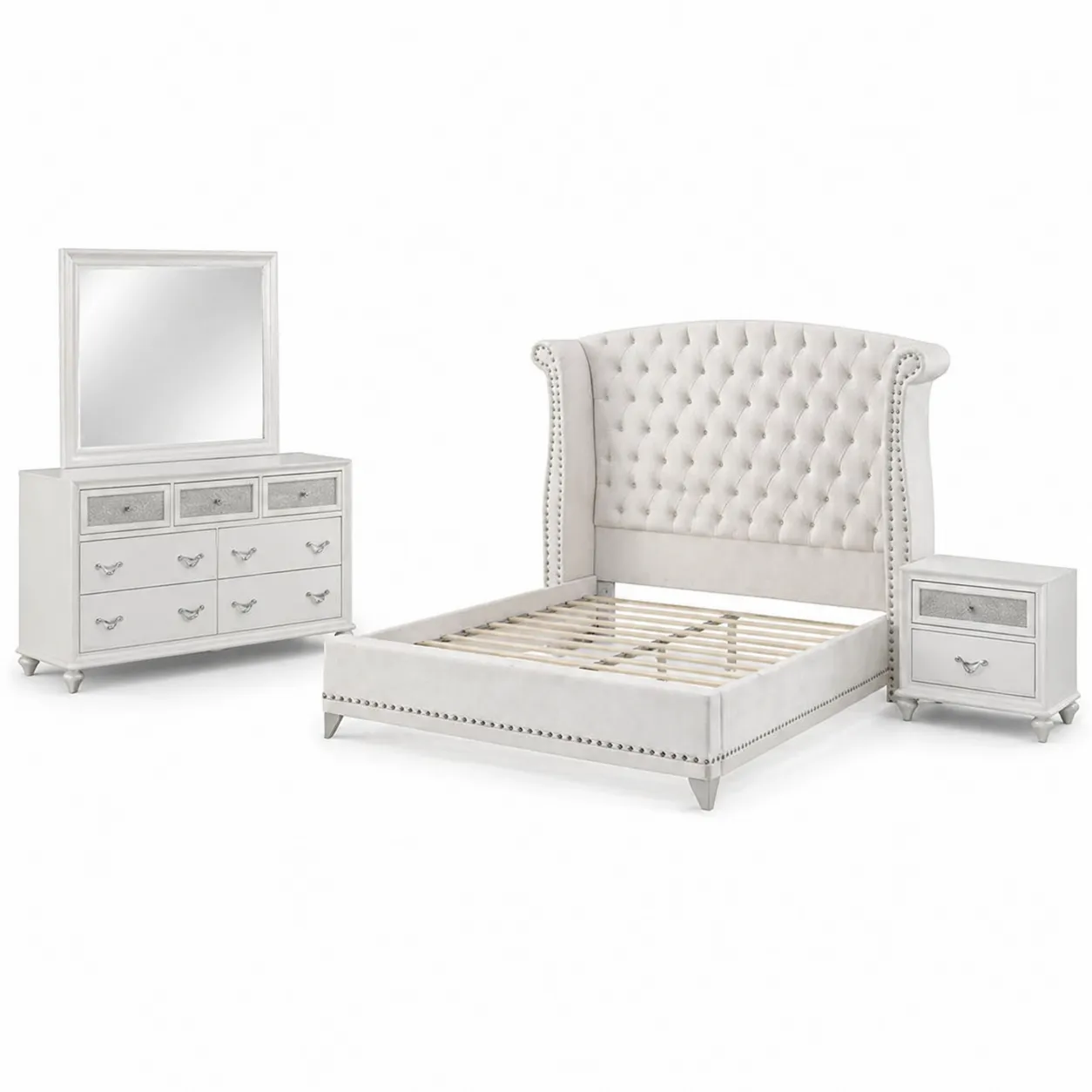 Ensemble de chambre à coucher en bois avec lit et tête de lit capitonnée