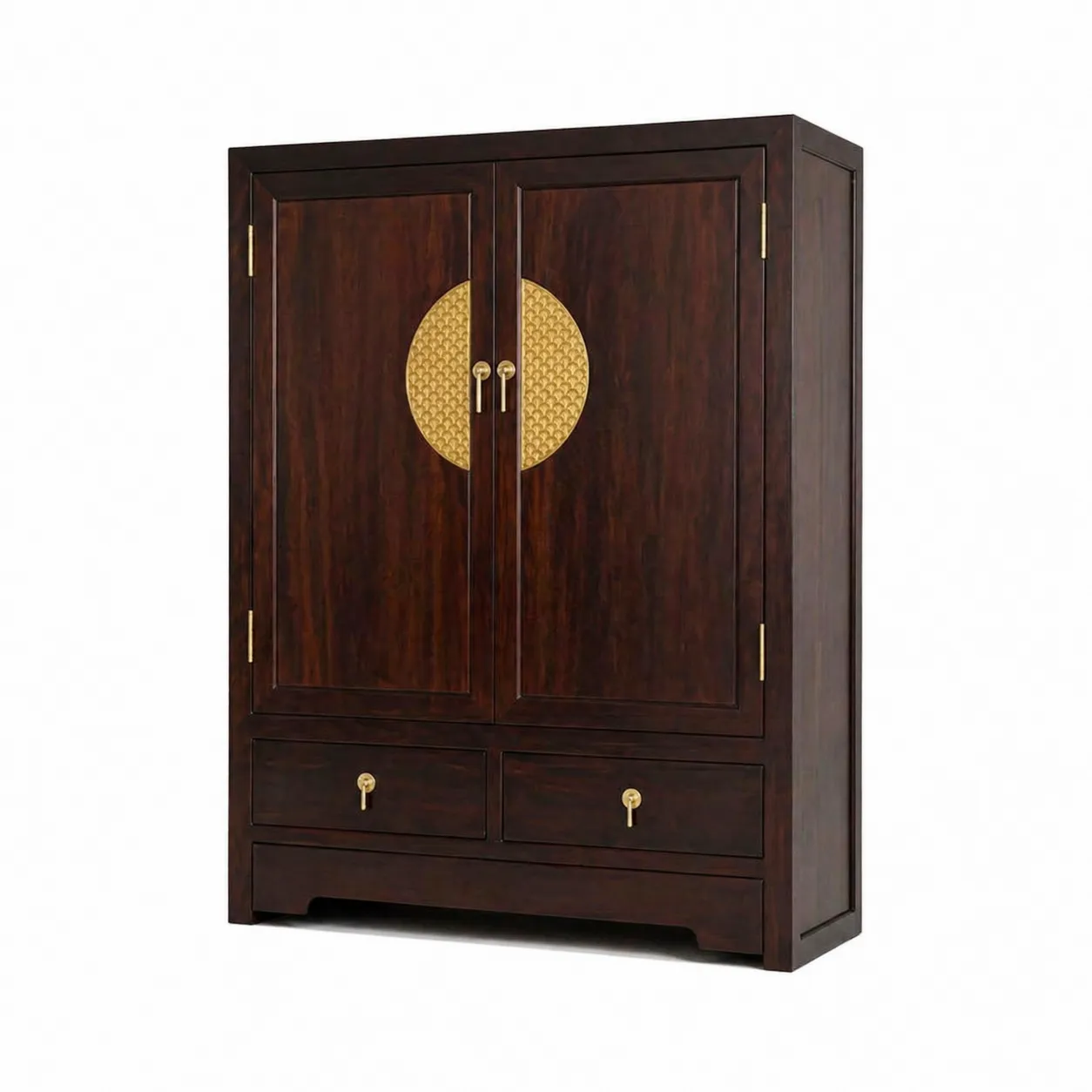 Armoire en bois massif marron foncé avec décoration dorée