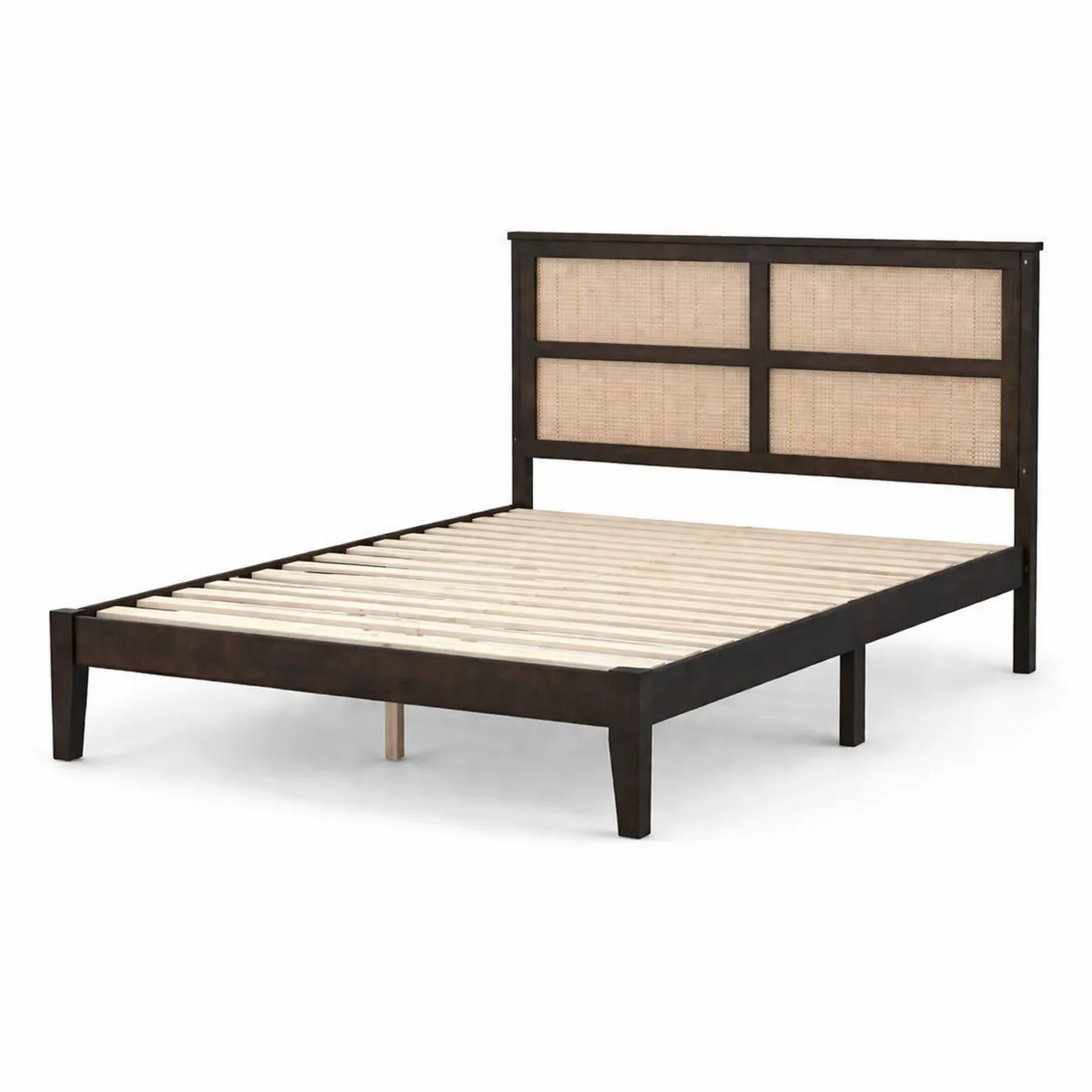 Lit double en bois et rotin