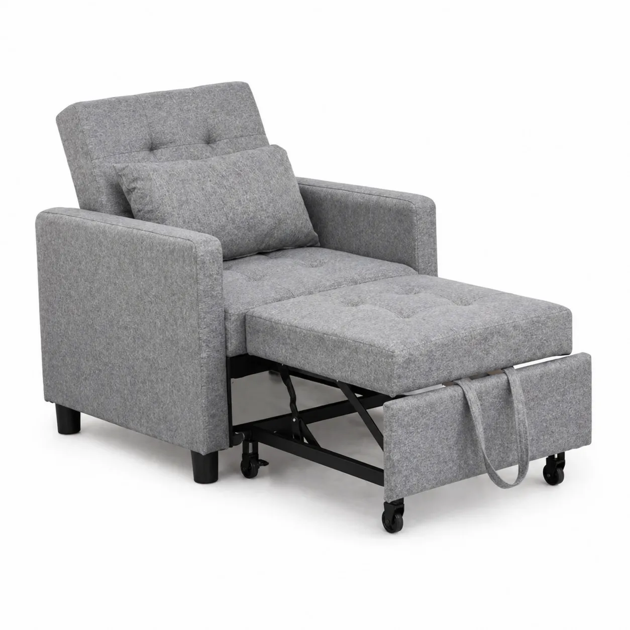 Fauteuil convertible en tissu avec accoudoirs et roulettes Gris