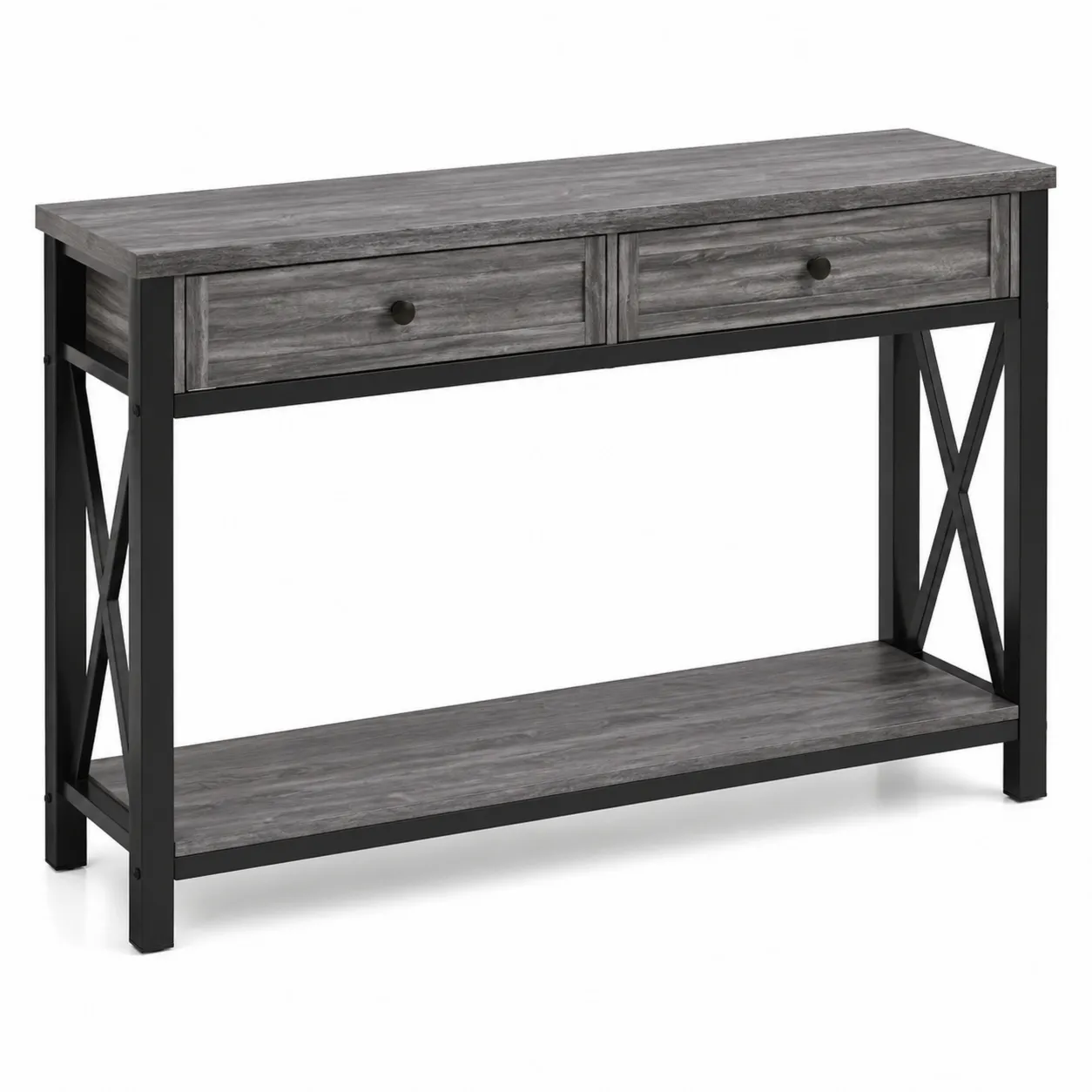 Console en Bois Composite et Métal Noir avec Tiroirs