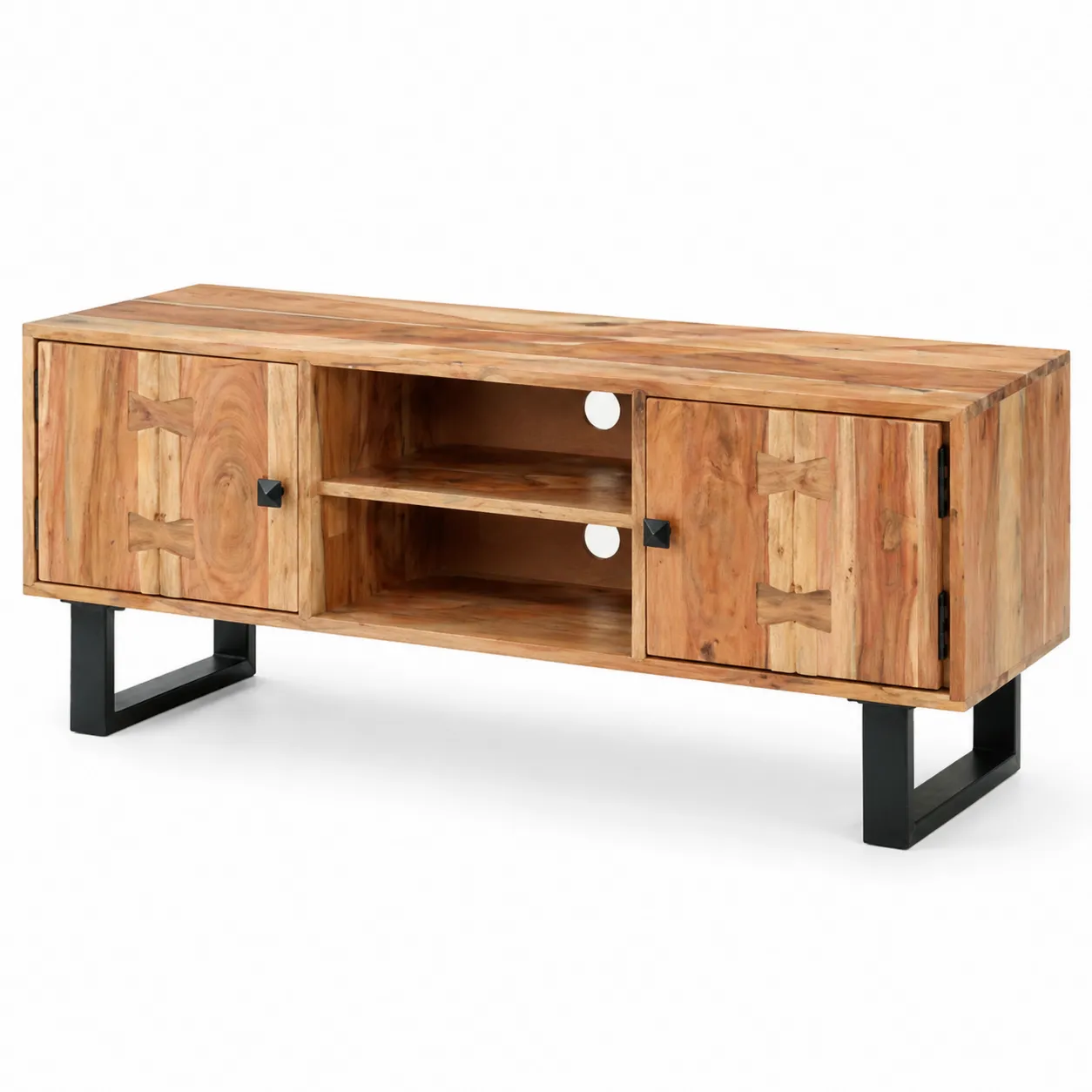 Meuble TV en bois d'acacia avec pieds en métal noir