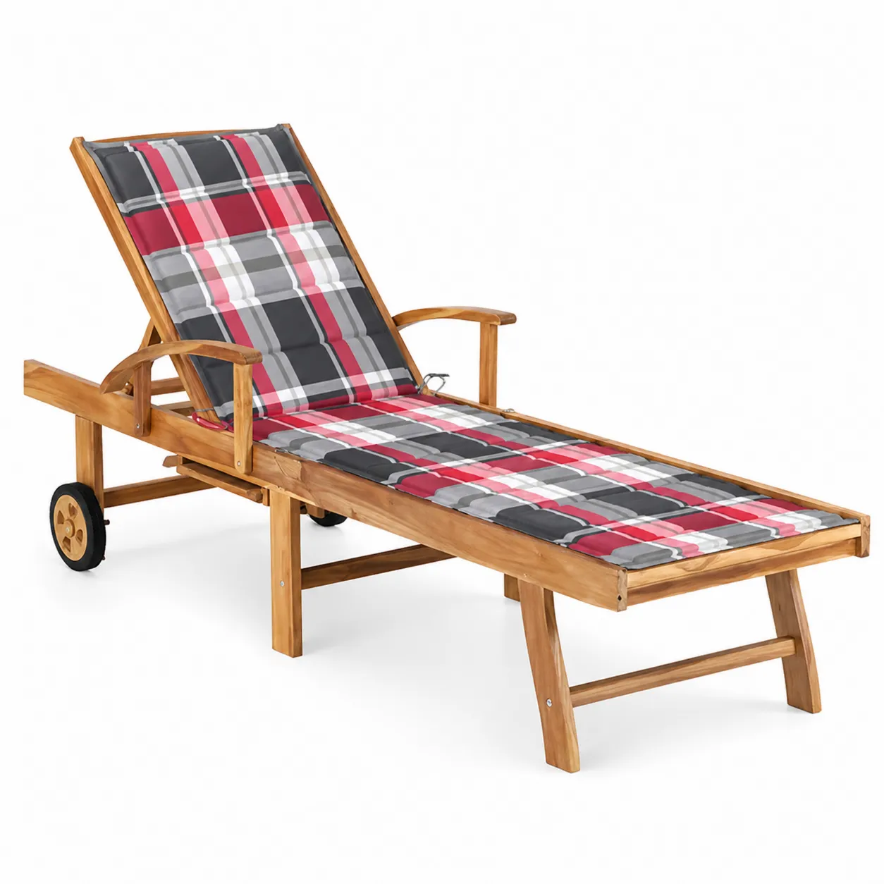 Chaise longue en bois de teck avec coussin à motifs rouges et gris
