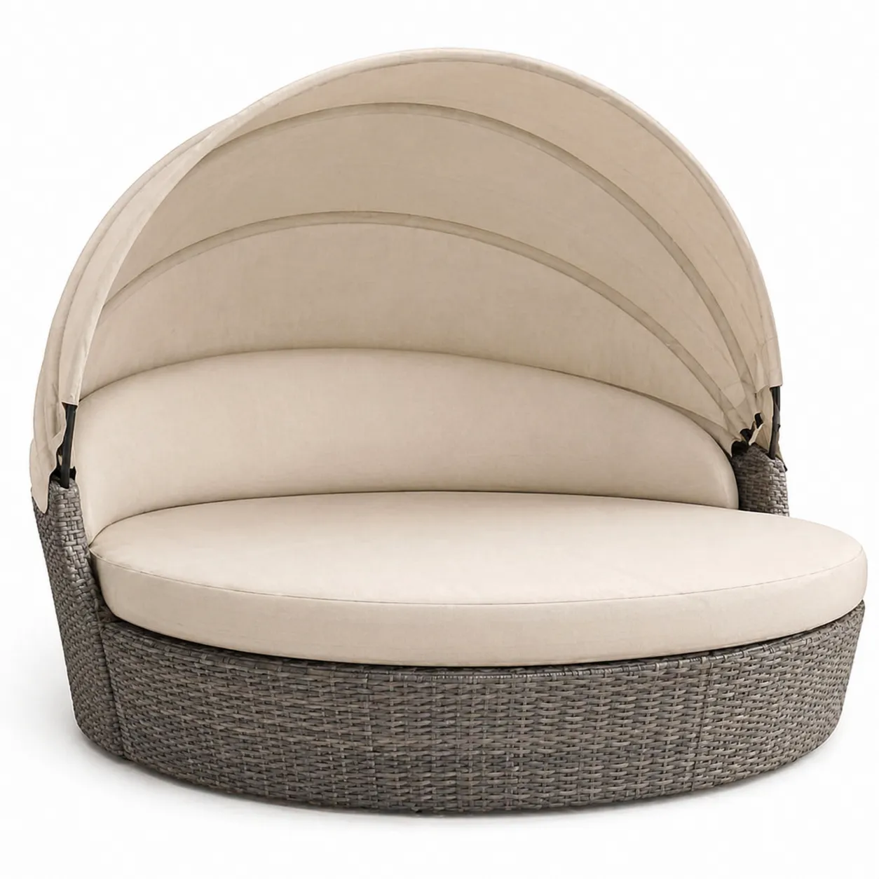 Lit de jour extérieur rond en résine tressée avec auvent et coussins en polyester beige