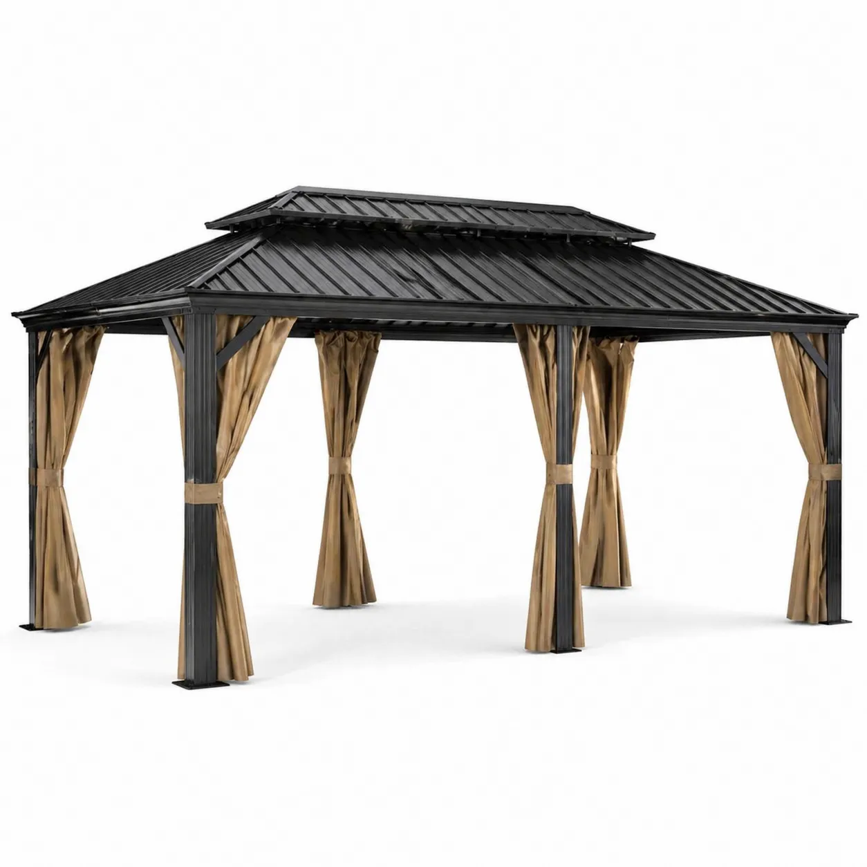 Pavillon en aluminium avec toit en acier et rideaux en polyester, Anthracite/Beige, 400x300 cm