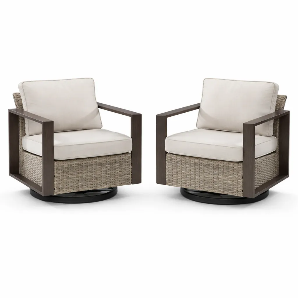 Fauteuils d'extérieur rotatifs en résine et aluminium avec coussins crème, ensemble de 2